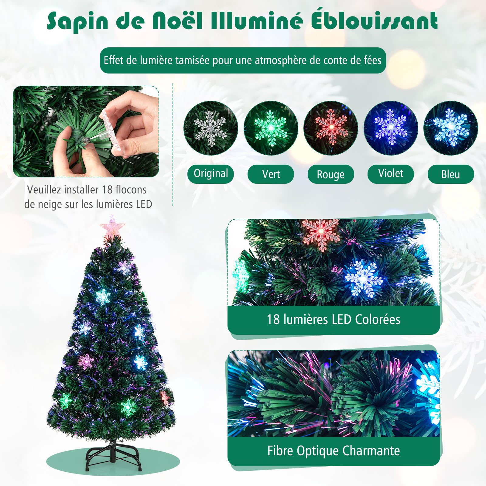 GOPLUS Sapin de Noel Lumineux LED, 120cm Sapin de Noël Artificiel Fibre Optique avec 18 Flocons de Neige Lumières et Etoile Sommet, 125 Branches Touffues, Décoration Noël