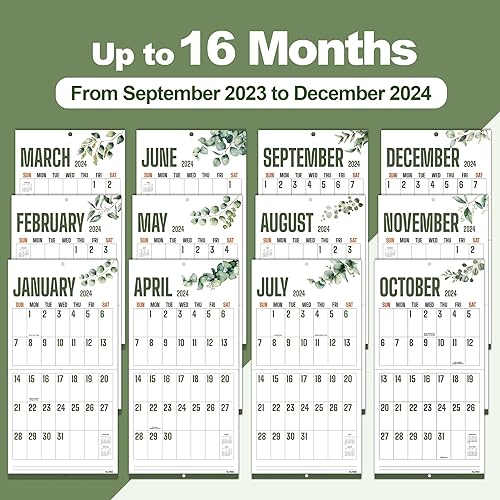 Miniatura 2 de SUNEE Calendario de pared con impresión grande 2024 de 12 x 23 pulgadas, ahora a diciembre de 2024, calendario mensual colgante de cuadrícula