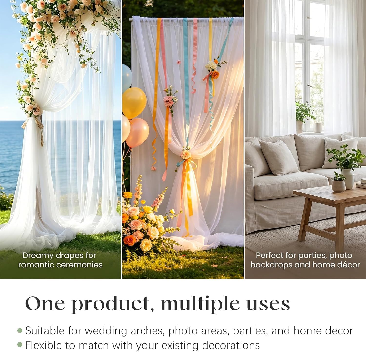 HoldOneLight 3MX1.6M Article 6 Rideaux de fond en tulle blanc transparent pour fêtes et mariages - Rideaux infroissables comme arrière-plan pour fête, cérémonie, décoration de scène