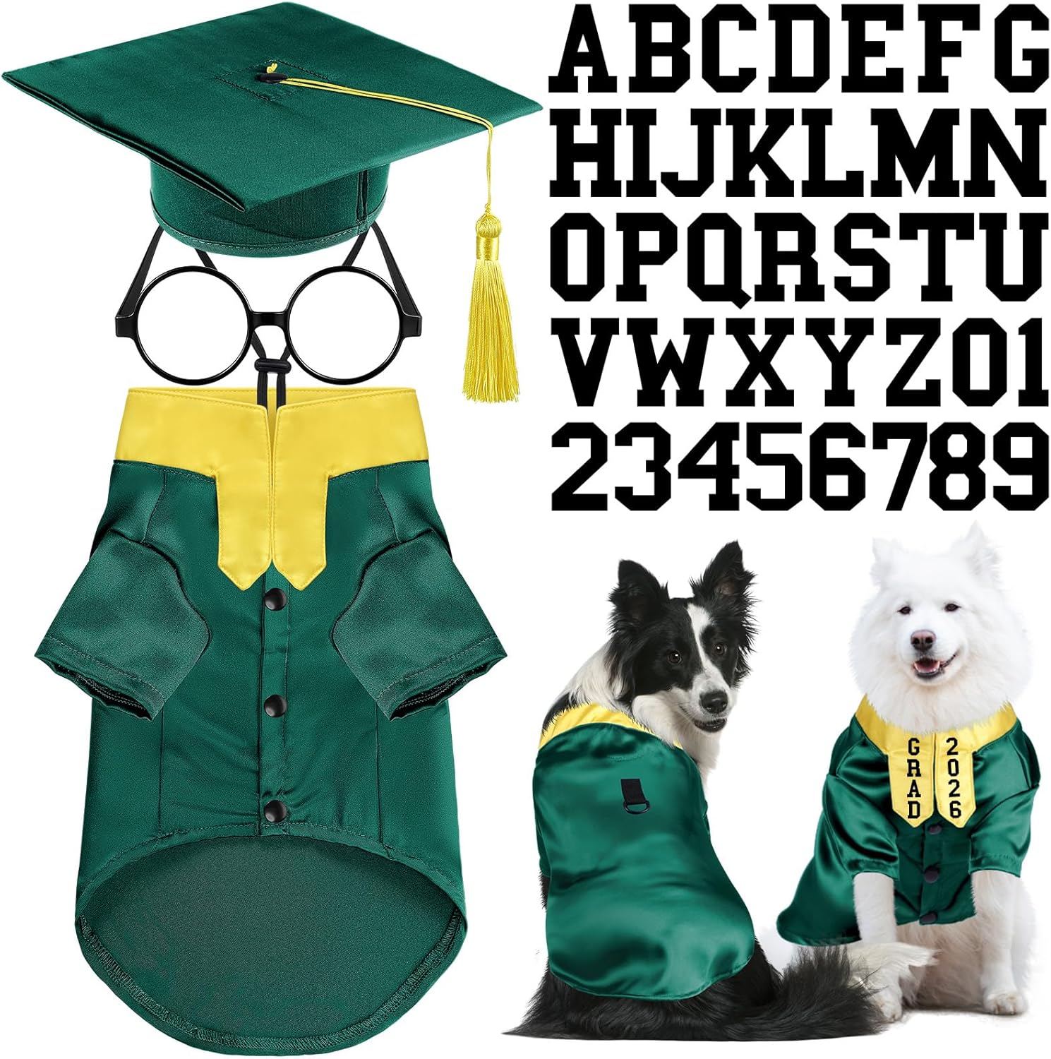 Huhumy 5 Pcs Dog Graduation Costume Set Include 2026 Pet Graduation Gown with Stole Puppy Grad Cap Lensless Glasses DIY Letter Stickers for Dogs Cats Holiday Costume Accessory(Green Yellow,XL)