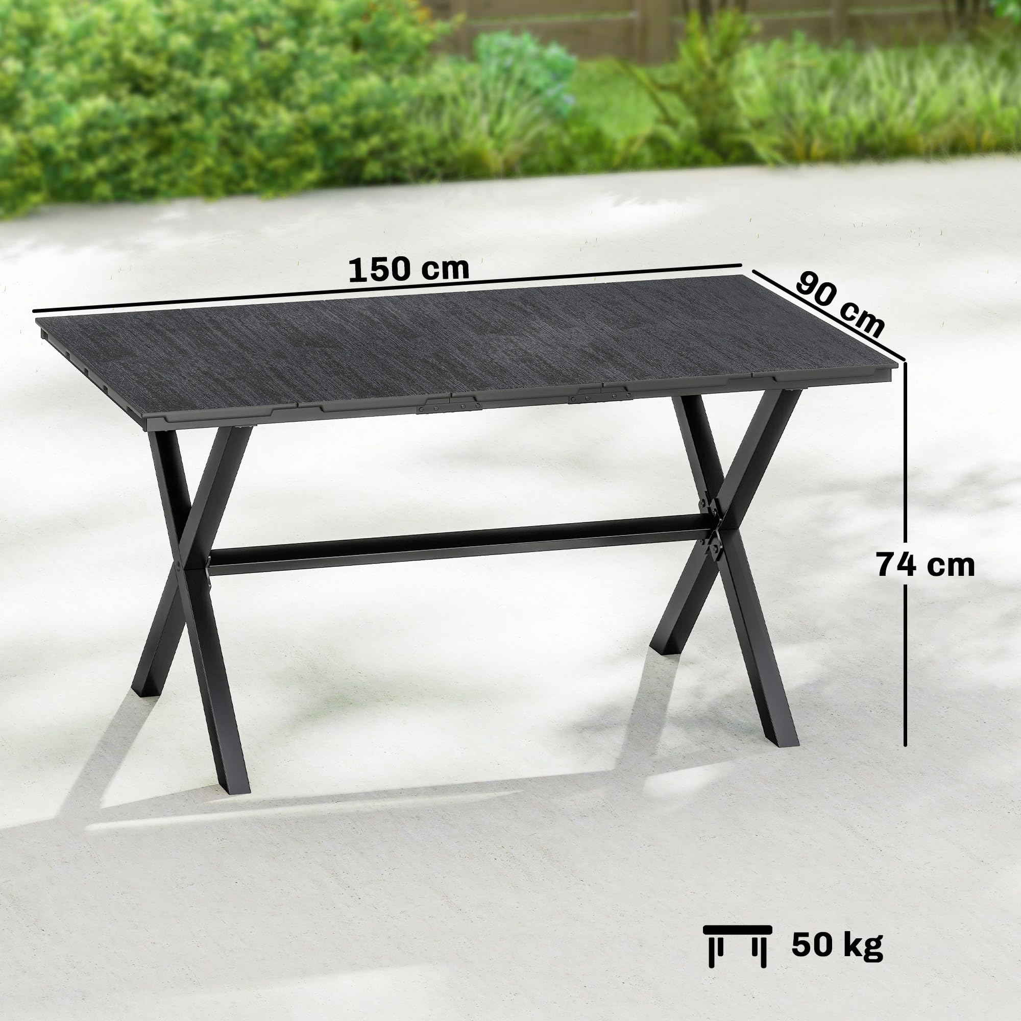 Outsunny Mesa de Comedor de Jardín Rectangular, Mesa de Terraza Exterior 150x90x74 cm, con Encimera de HDPE de Listones y Estructura Metálica, para 6 Personas, Carga 50 kg, para Patio, Balcón, Negro