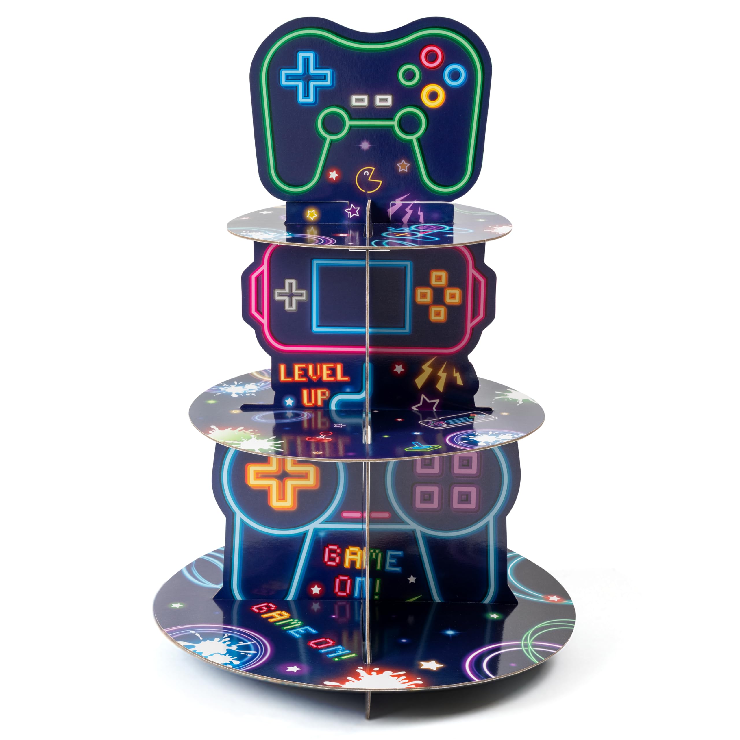 2OOYA Video Game Cupcake Stand, 3-Tier Mini Dessert Holder Reusable Cardboard with Neon Glow Style Cake Tower for Arcade Gaming Theme Party Decor Supplies Kids Boys Birthday Celebration, Blue Classic