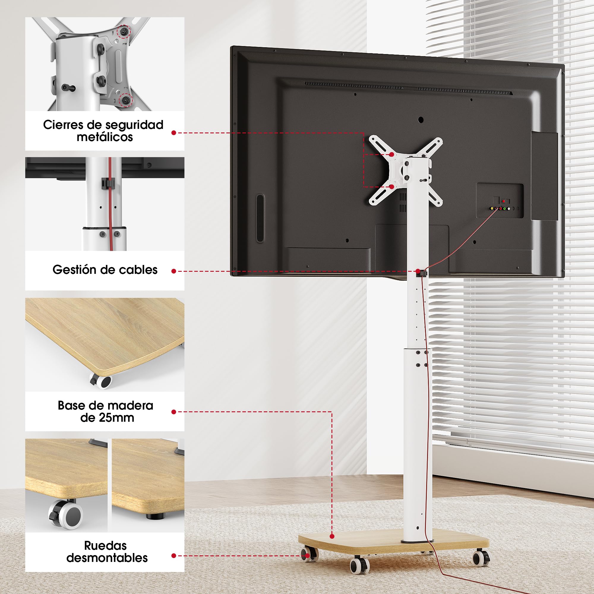 AOKCOS Soporte TV con Ruedas Horizontal y Vertical para 19-42 Pulgadas, Soporte TV Pie con Base de Madera, inclinación Altura Ajustable y Giratorio, hasta 20 kg MAX. VESA 200×200mm Blanco