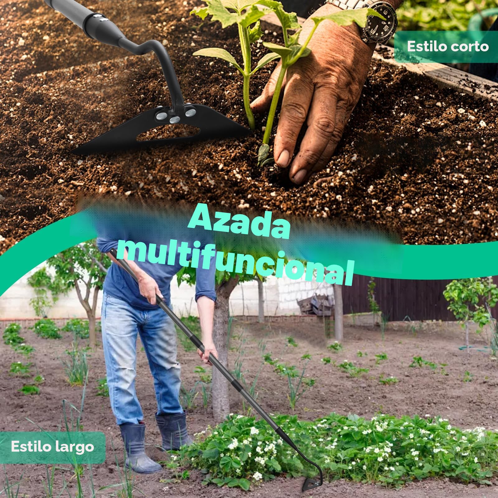 Azada de jardín, azada de jardín con mango de 140 cm, azada hueca endurecida para eliminar malezas, aflojar el suelo, cavar, plantar, hacer surcos, práctico dispositivo para eliminar malezas
