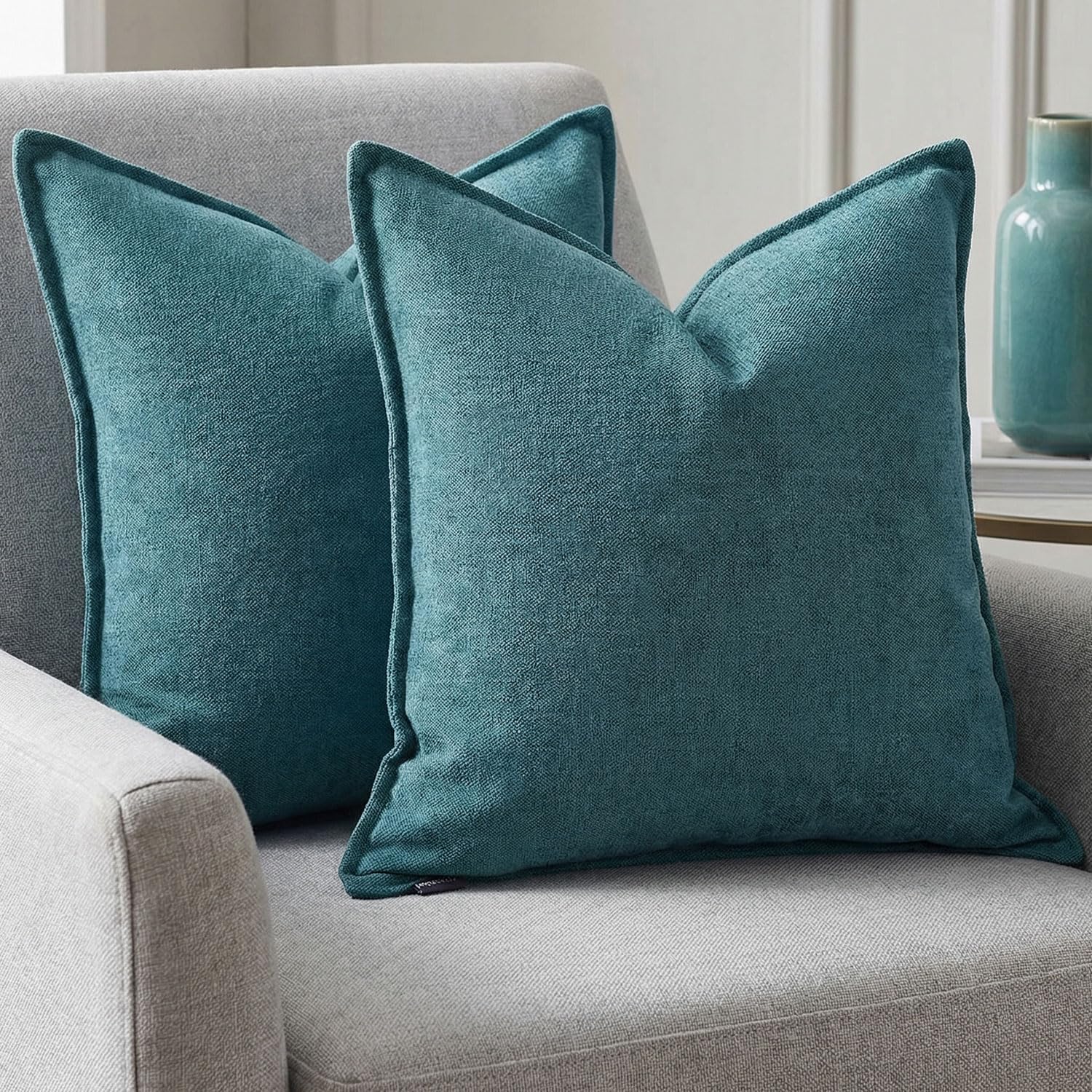 BOYSUM 20x20 Pillow Covers Set of 2 Chenille Linen Textured Throw Pillow Covers for Couch Sofa Hidden Zipper Decorative Cushion Cases Modern Farmhouse Neutral Home Decor Sage Green