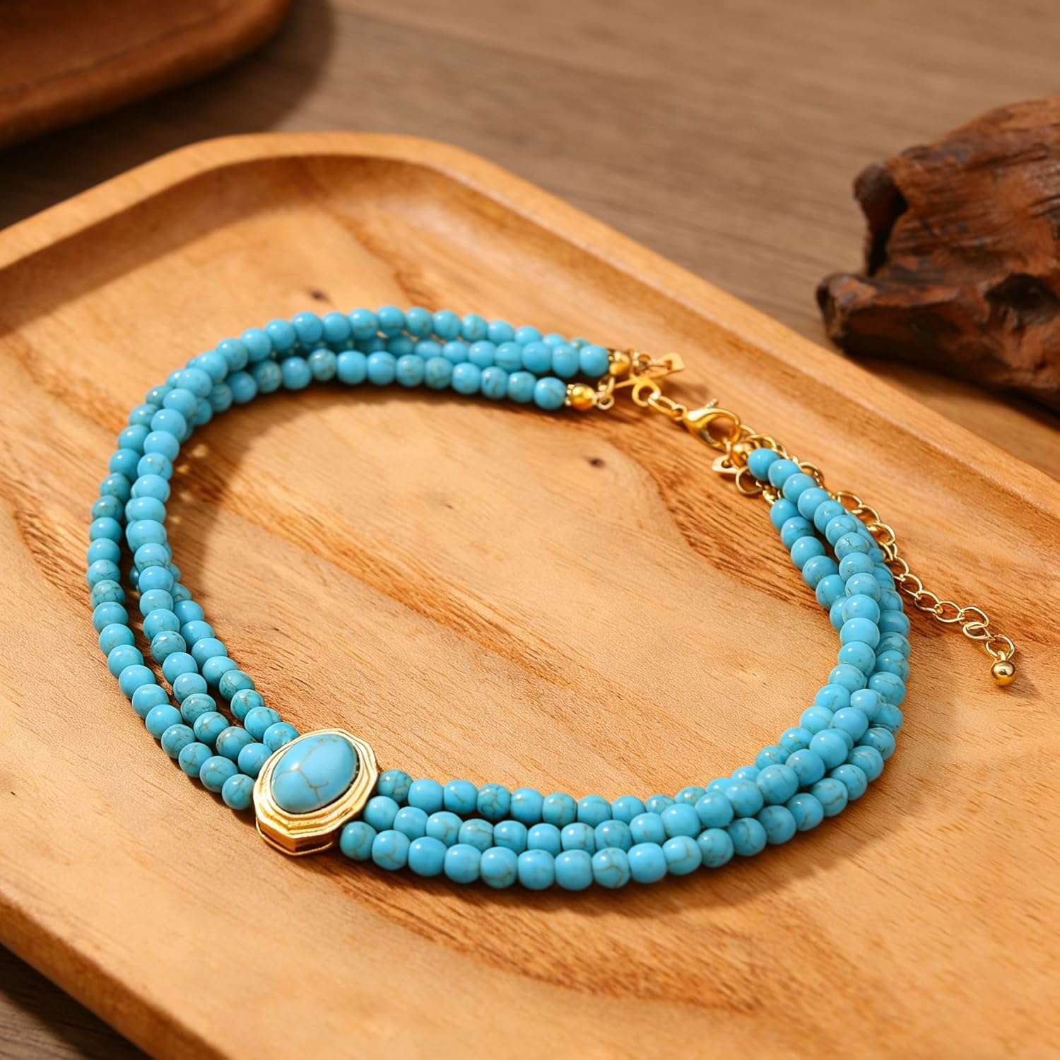 SukAmi Turquoise Choker Necklace Women 3 Layers Necklace Multi Strands Necklace 20s Turquoise Bib Pendant Necklace Choker Party Jewelry Christmas Gift 35+7cm - Image 8