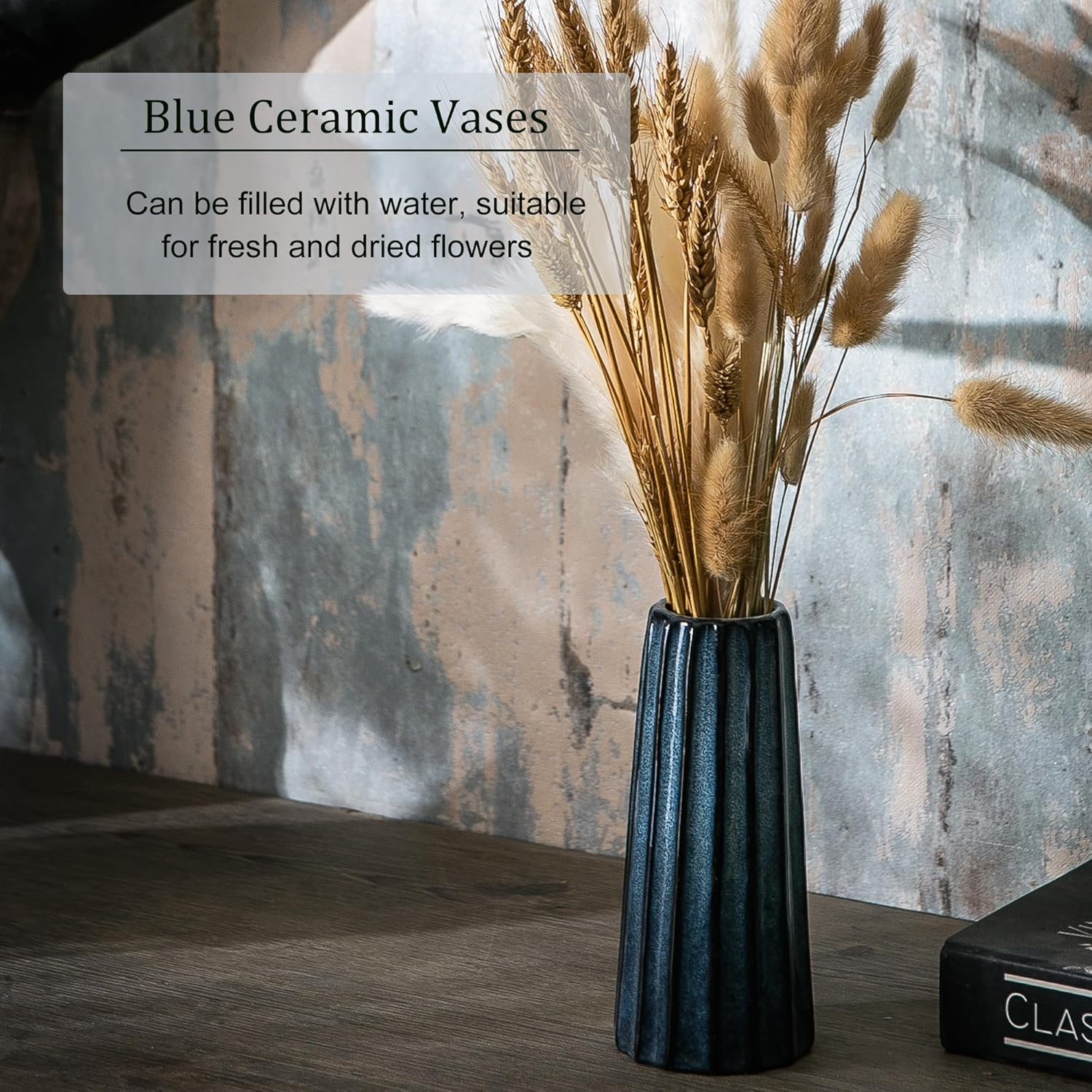 Blue Ceramic Vase Set of 3, Modern Blue Vases, Farmhouse Decor, Rustic Decorative Vase for Fireplace, Entryway and Living Room, Centerpiece Table Decorations