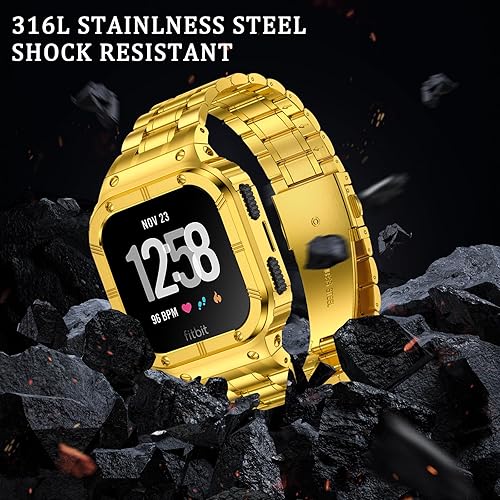 Miniatura 5 de Correa de reloj de acero inoxidable con funda compatible con Fitbit Versa/Fitbit Sense Bands, pulseras de metal protectoras resistentes para hombres