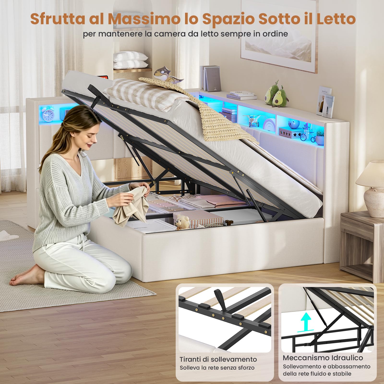 AOGLLATI Letto Singolo con Contenitore 90x200 cm, Letto Salvaspazio, Beige