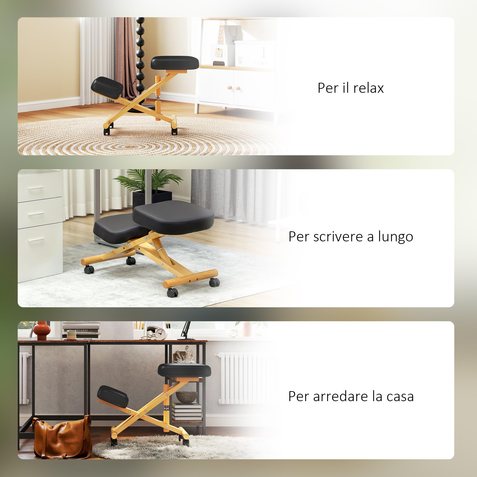 HOMCOM Sedia Ergonomica Inginocchiata, Sedia Posturale, Nero | Sgabello Ergonomico Inginocchiatoio, Legno di Caucciù, con Rotelle, Ufficio, Casa