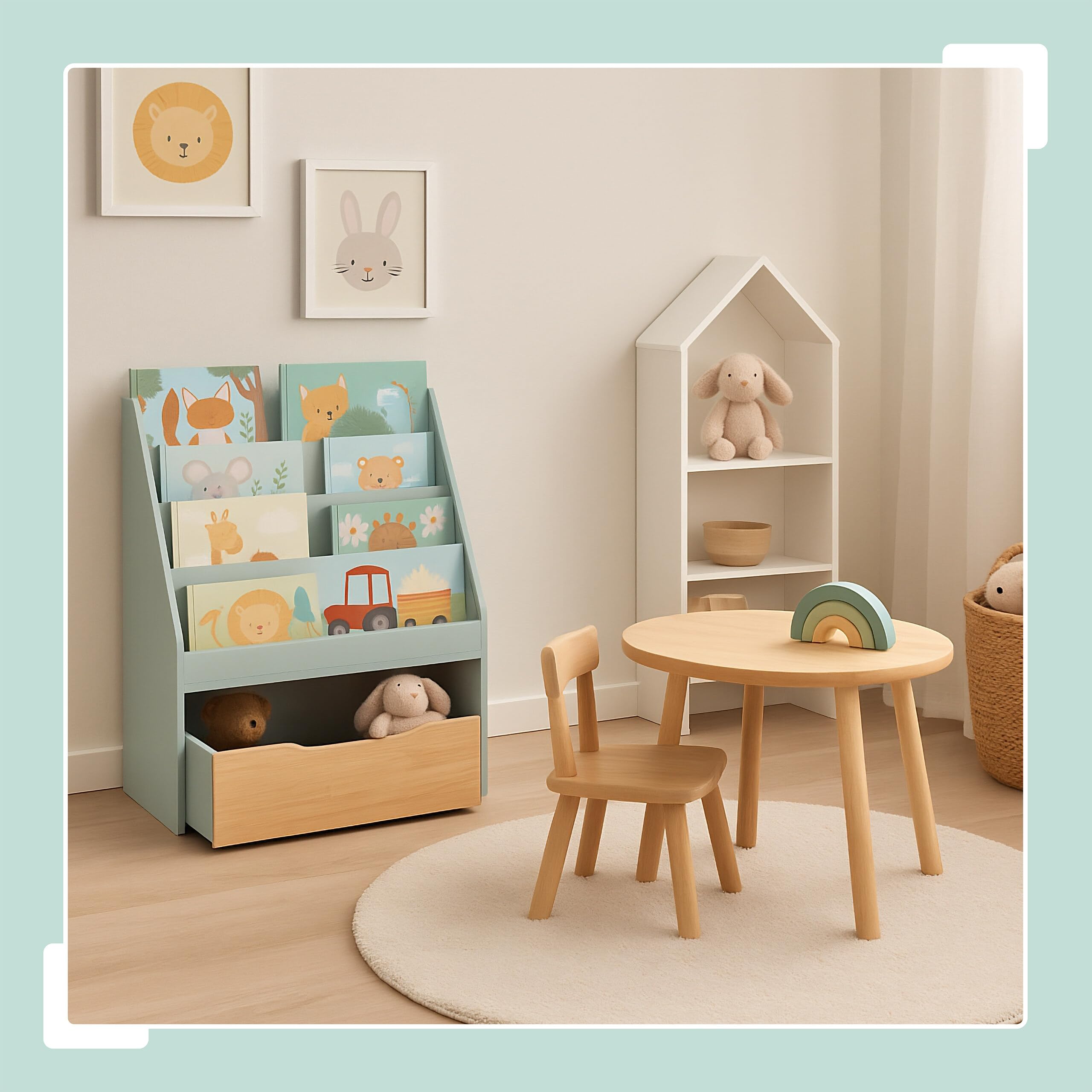 Estantería Relaxdays para niños, 80 x 60 x 30 cm, 4 estantes, Caja de Juguetes con Ruedas, Turquesa/Natural