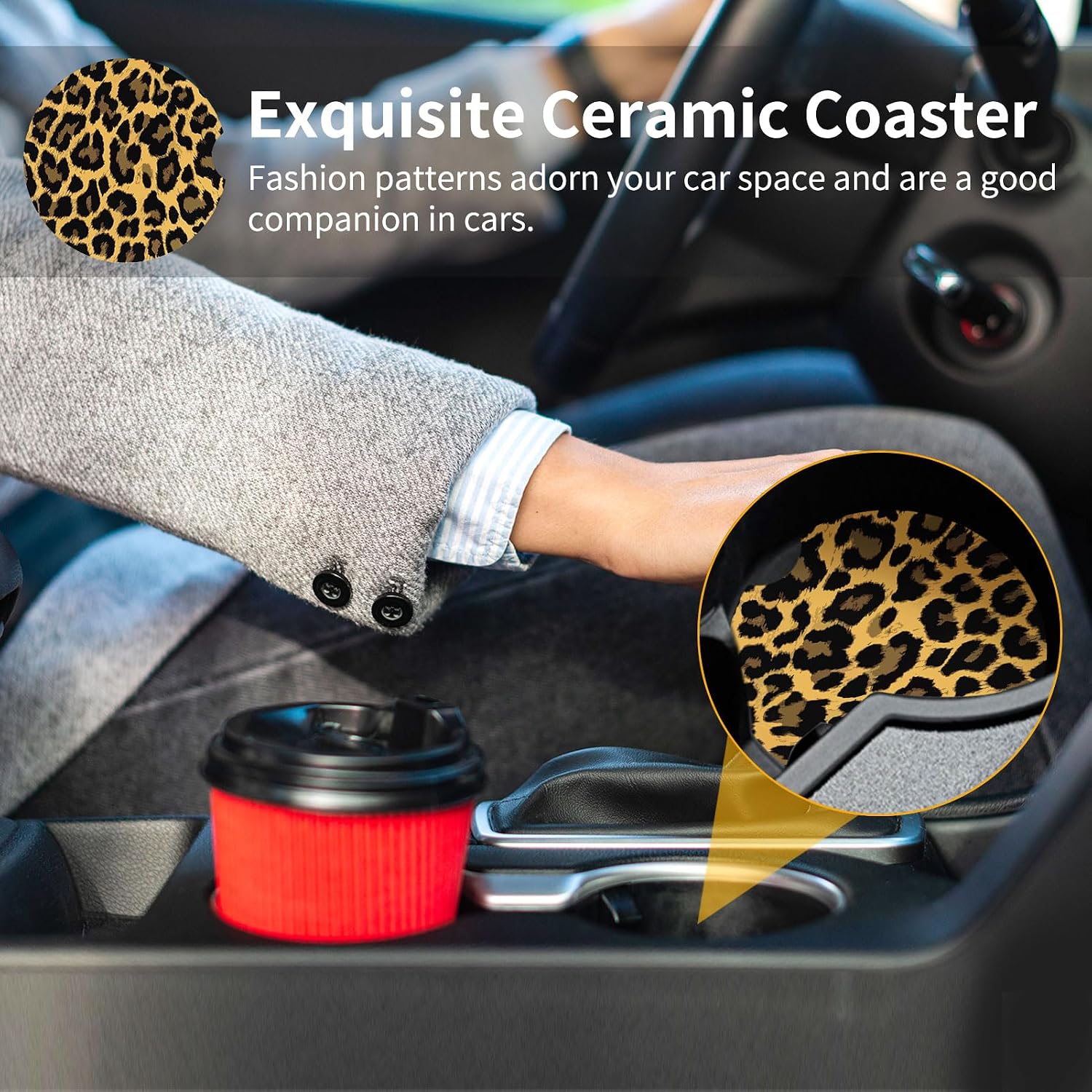 2 Pack Cute Retro Car Cup Coasters, 2.56" Absorbent Ceramic Auto Cup Mats, Non Slip & Easy Clean，Yellow Leopard Print Car Accessories for Women Girls, Universal Fit for Cars Trucks SUVs image 5