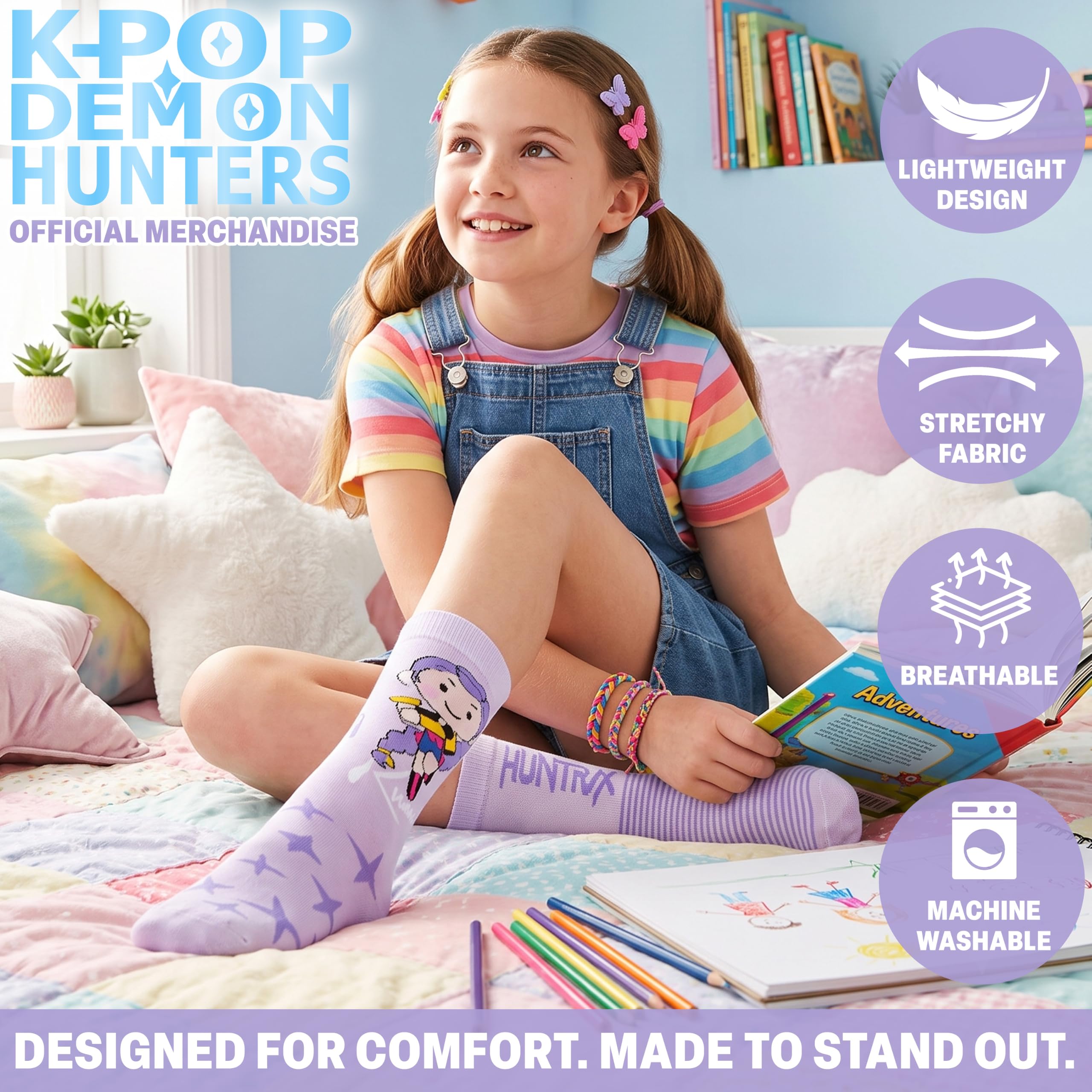 Get Trend Huntrix Kpop Demon Hunters Calzini Bambina e Ragazza, 5 Paia | Calze Divertenti e Colorate con Design di Rumi, Zoey e Mira, Comodi e Traspiranti, Regalo per Bambina