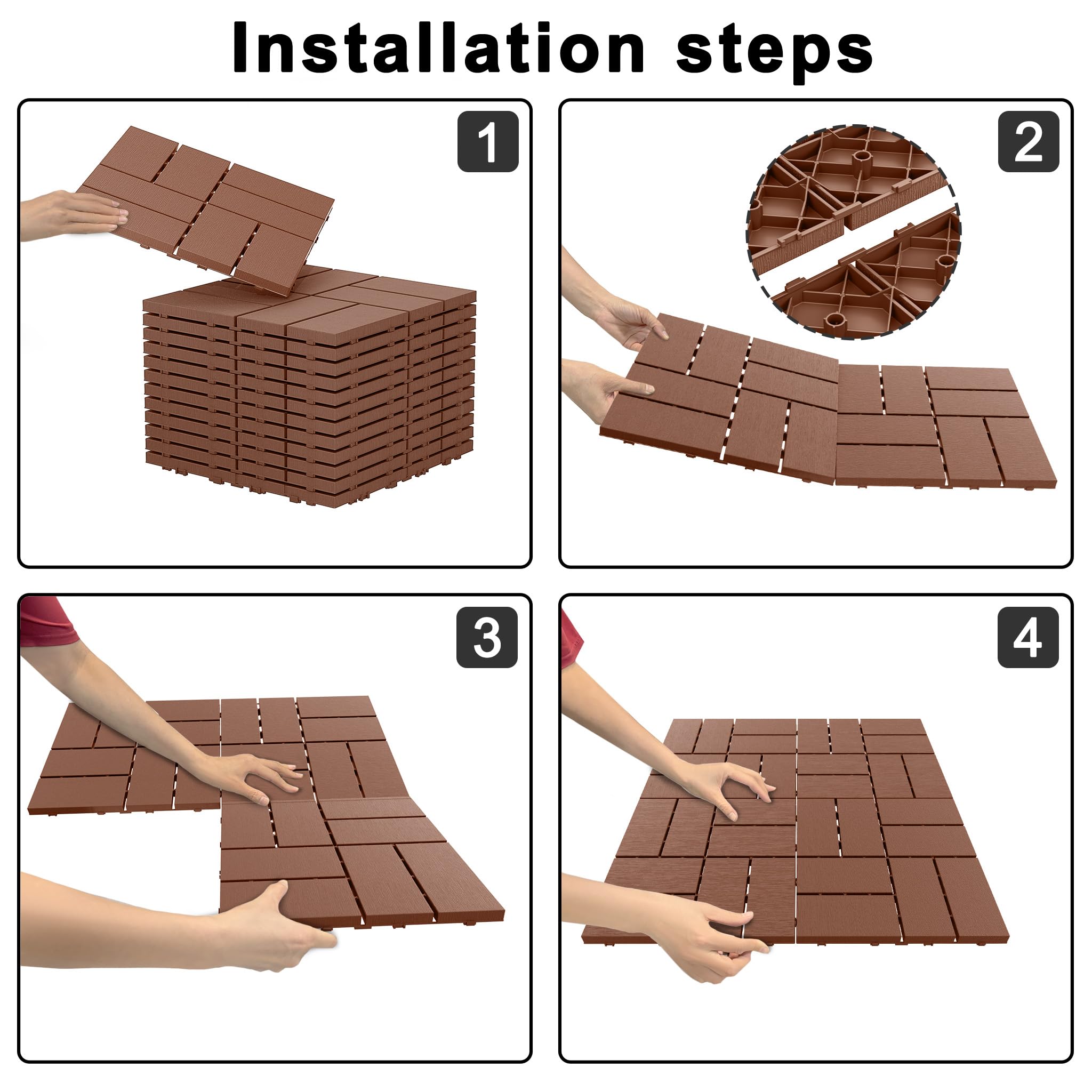 UISEBRT Piastrelle per terrazze e balconi, effetto venature del legno, piastrelle a incastro, per balcone, giardino, resistenti alle intemperie, con funzione di drenaggio, 30 x 30 cm, colore marrone