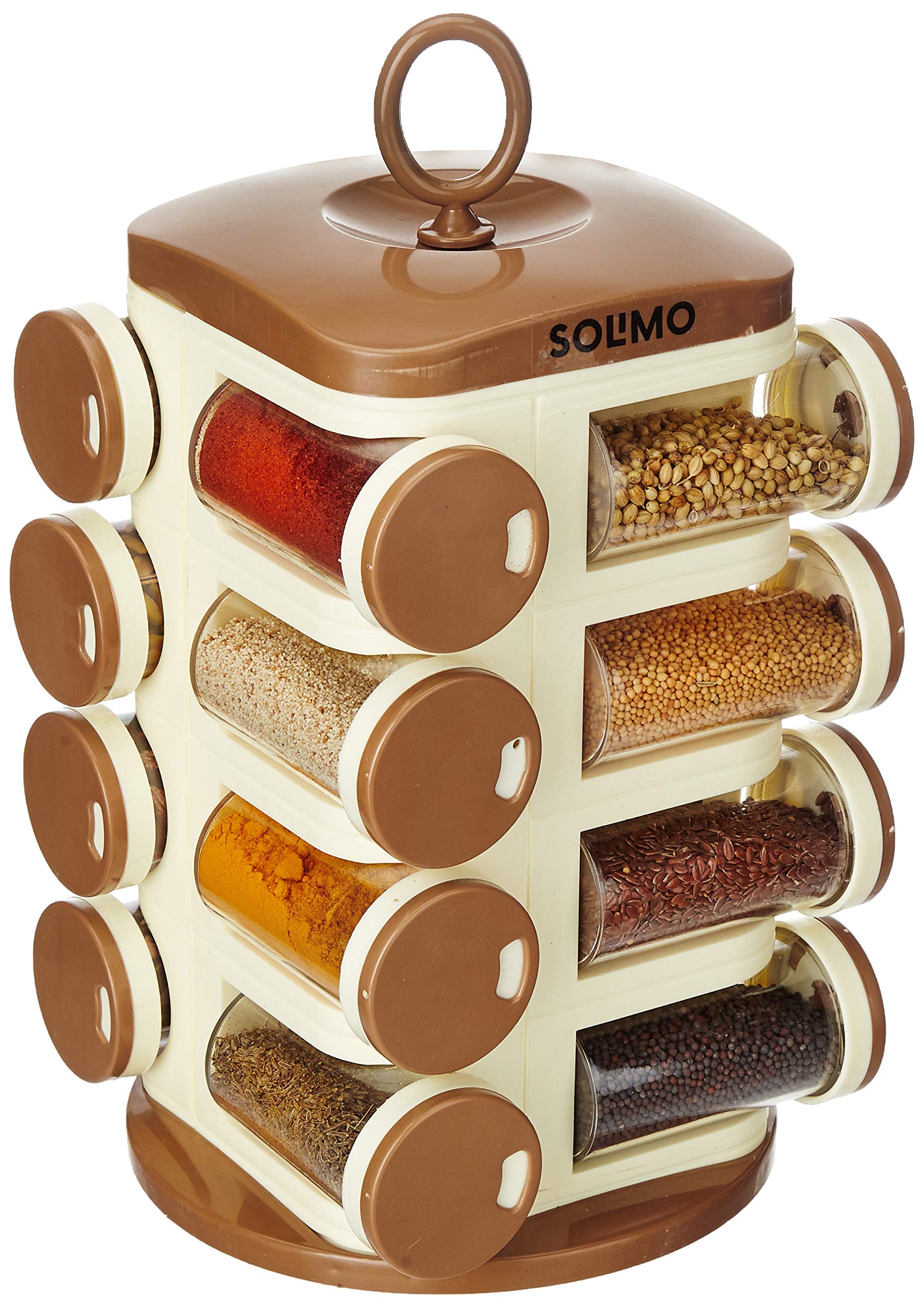 Amazon Solimo Plastic Revolving Spice Rack Set of 16 Pieces | Standard Size | Pull Out Shelf | Tabletop | Light Brown