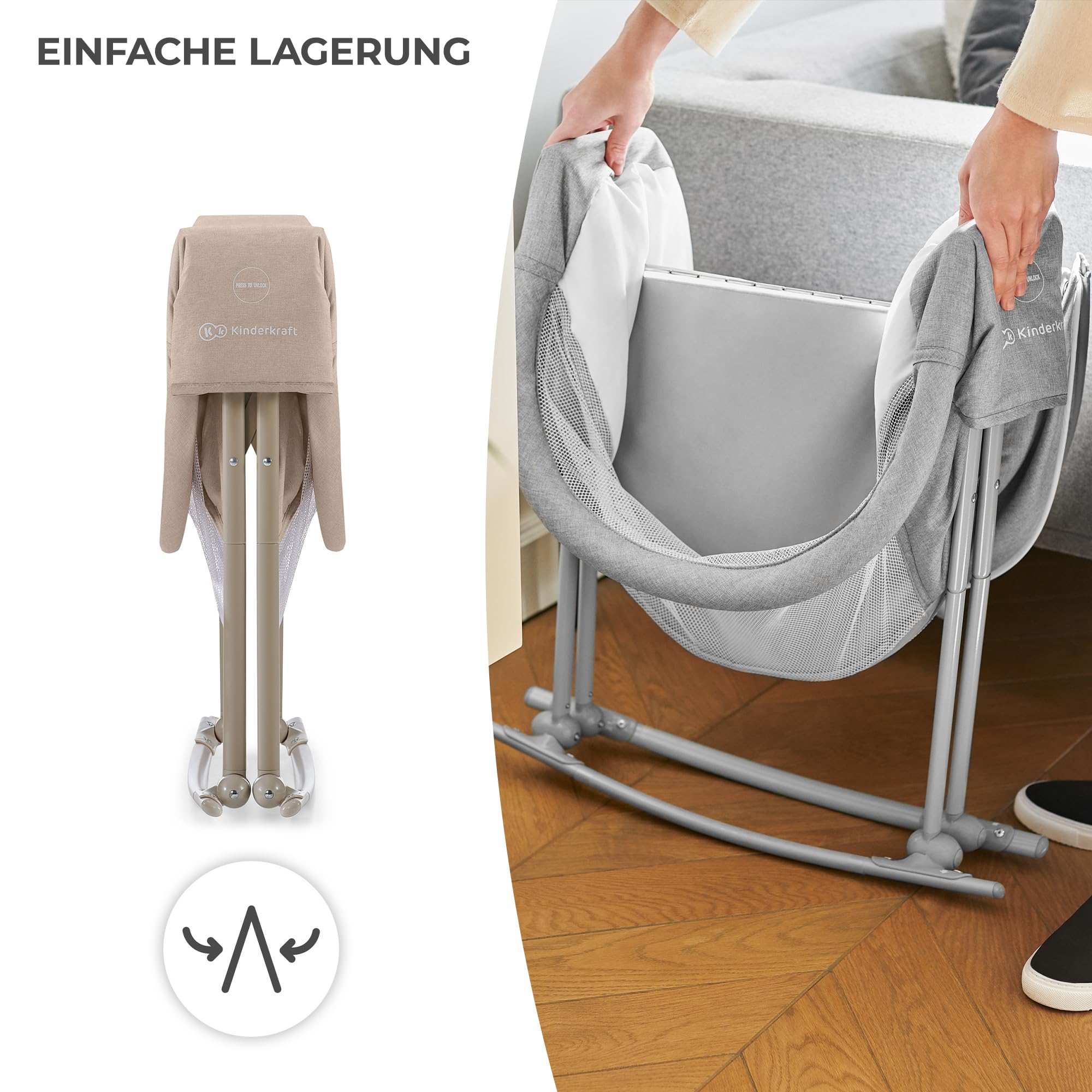 kk Kinderkraft Kinderkraft Kinderbett 3 in 1 lOVI, Kinderreisebett, Stubenwagen, Babywiege, Baby Wippe, Zusammenklappbar, Einfach Transport, mit Zubehör, Tasche, Moskitonetz,von Geburt bis 9 kg, Beige
