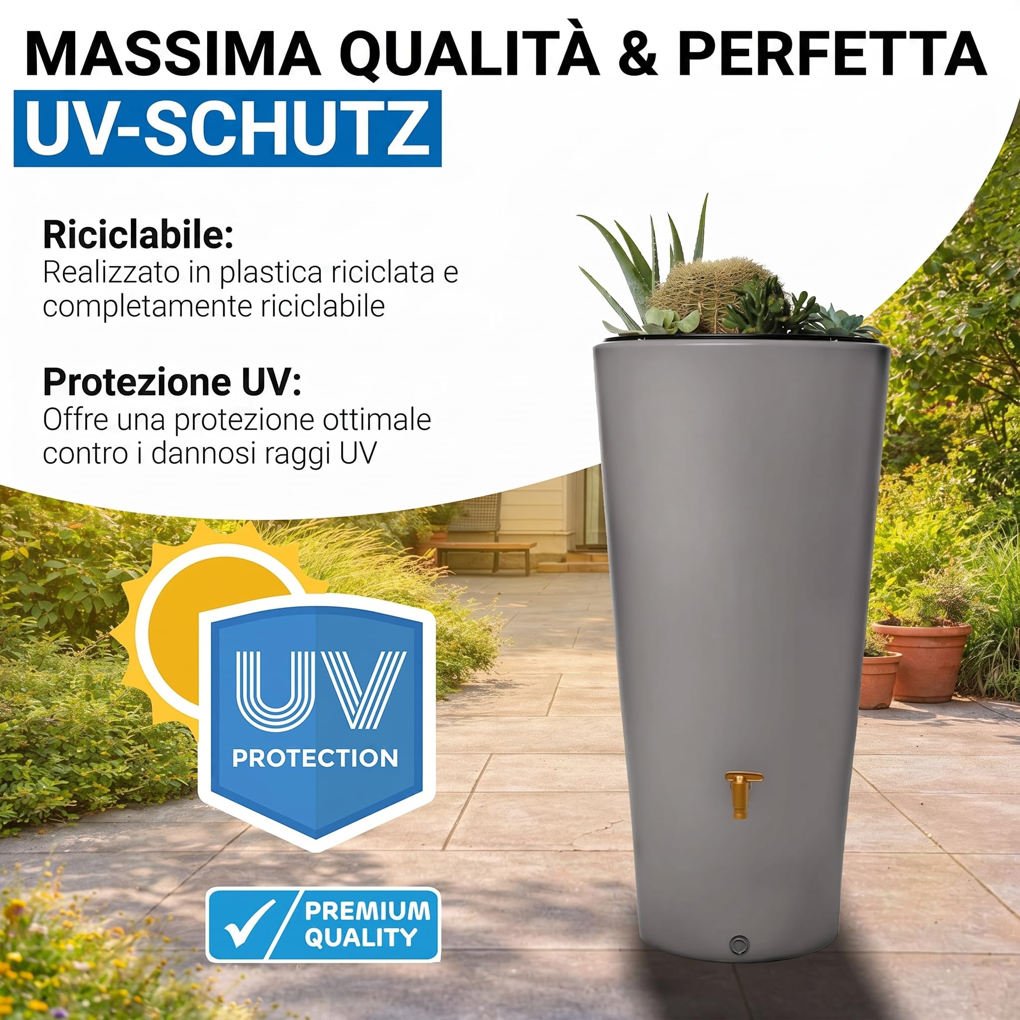 4rain VASO 2in1 serbatoio per pioggia 220 litri grigio zinco incl. rubinetto in plastica e raccordo pluviale - contenitore acqua piovana decorativo - raccolta da grondaia pratica - con filtro incluso