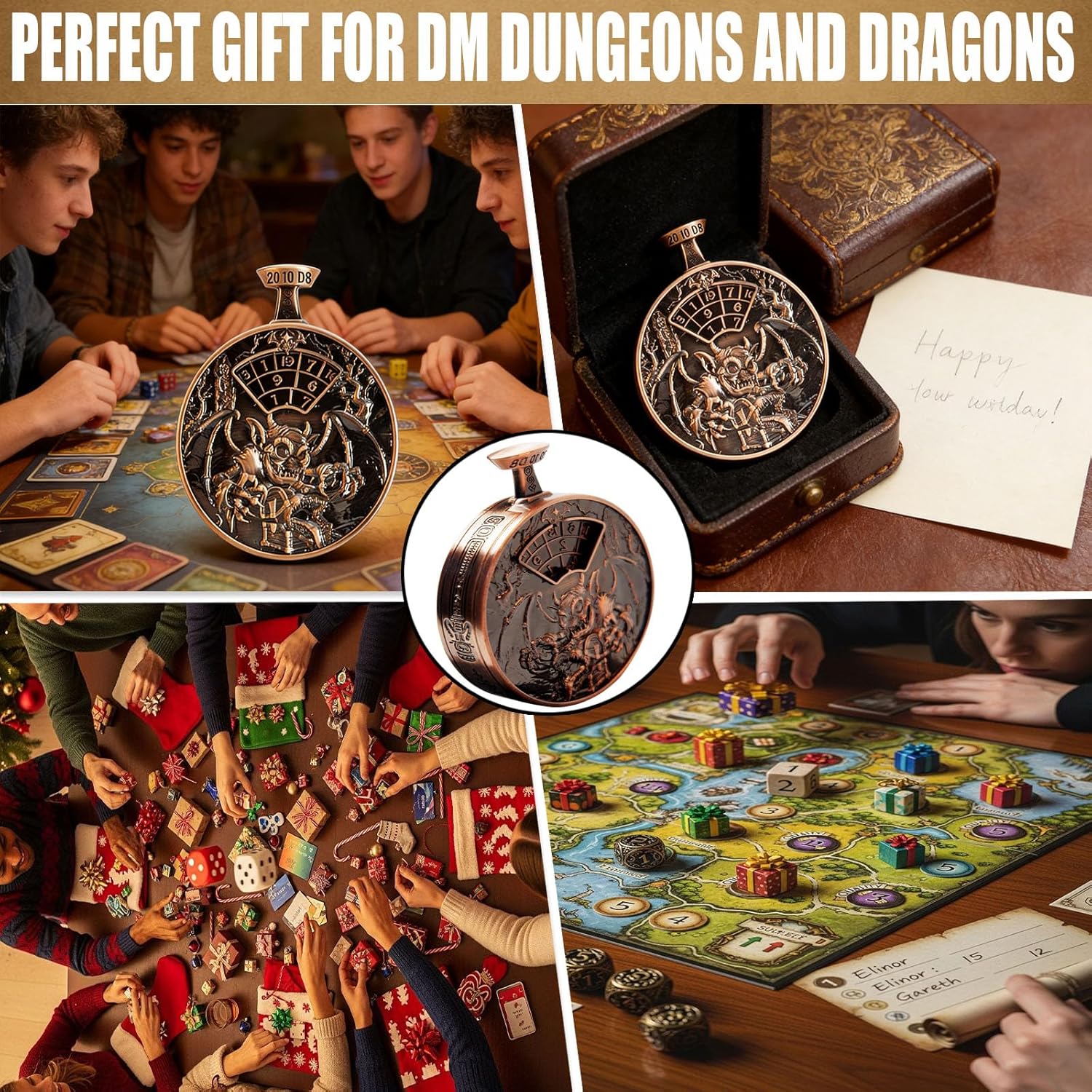 All-in-One DND Dice Roller - Press to Roll D4 D6 D8 D10 D12 D20 - Pocket Watch Design with Reversible 3D Dragon Monster Art - Metal Spinner for D&D MTG TTRPG (Copper)
