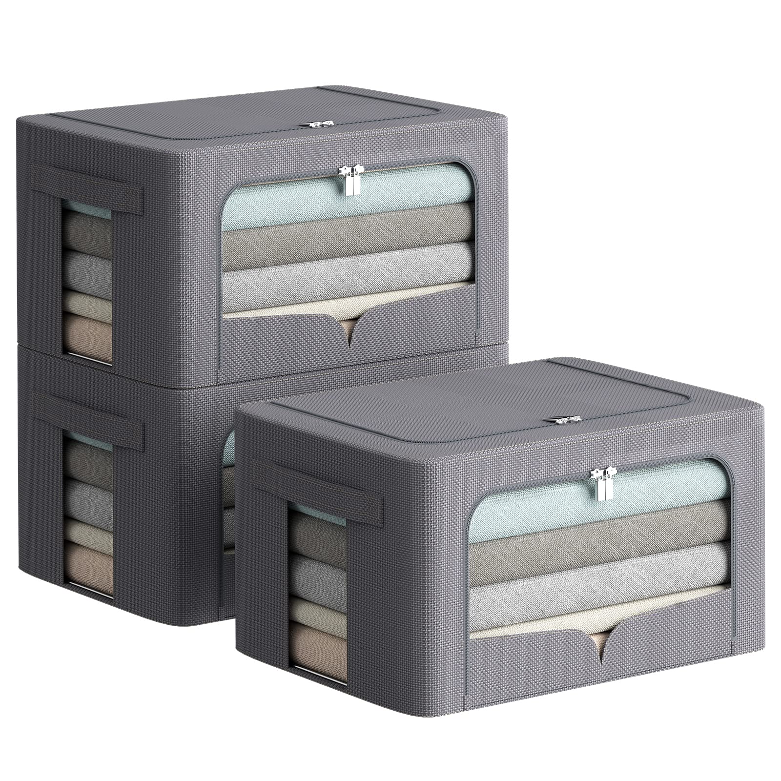 3 Pack Clothes Storage Organizer Bins - Foldable Metal Frame Storage Bins Stackable Oxford Cloth Fabric Container Organizer Set with Carrying Handles and Clear Window (Small-22L, Dark Grey)