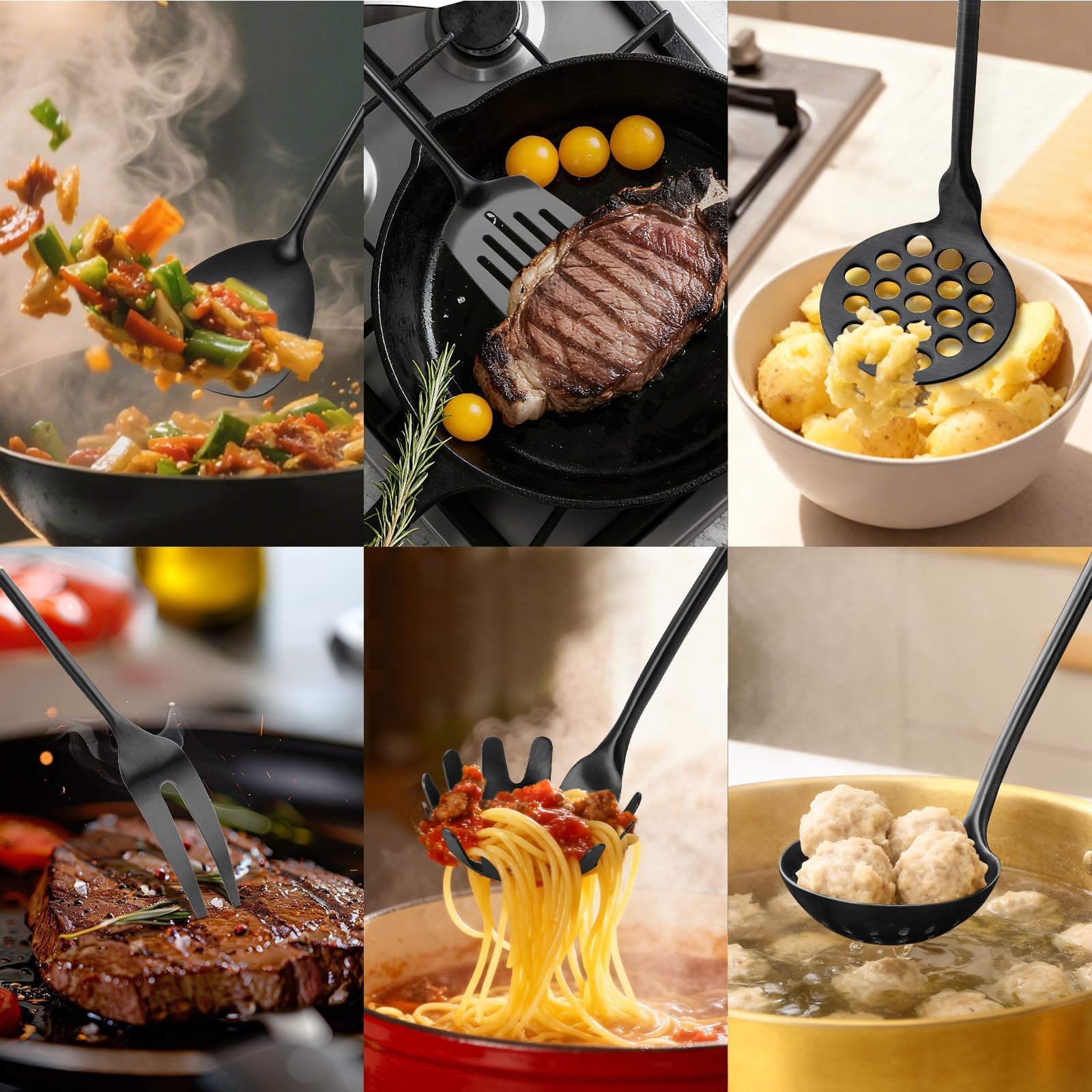 Küchenutensilien-Set aus Edelstahl mit Holzgriff, 18/10 Metall-Kochutensilien-Set, 10-teilig – Spatel, Löffel, Schöpflöffel, Schaumlöffel, Schaumwender, Pasta, Pfannenwender, Schöpflöffel, Gabel