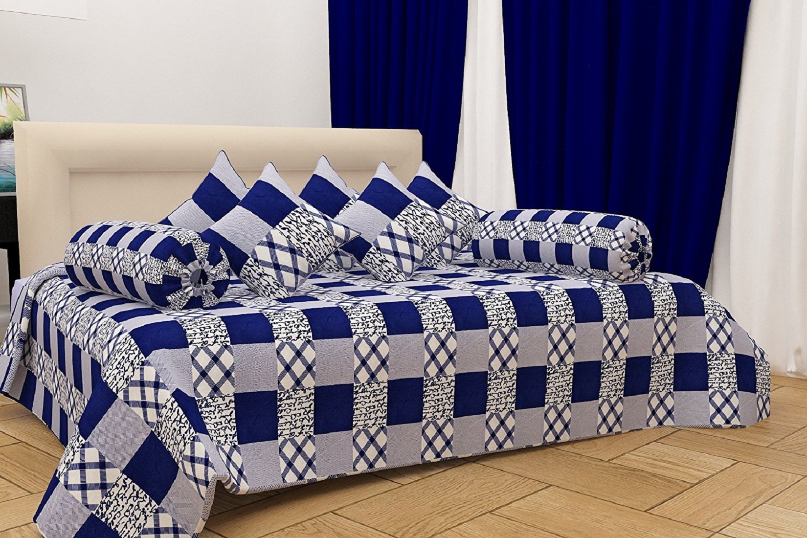 Attractive Look 144Tc Cotton Diwan Set-Set Of 8-Blue-image-18