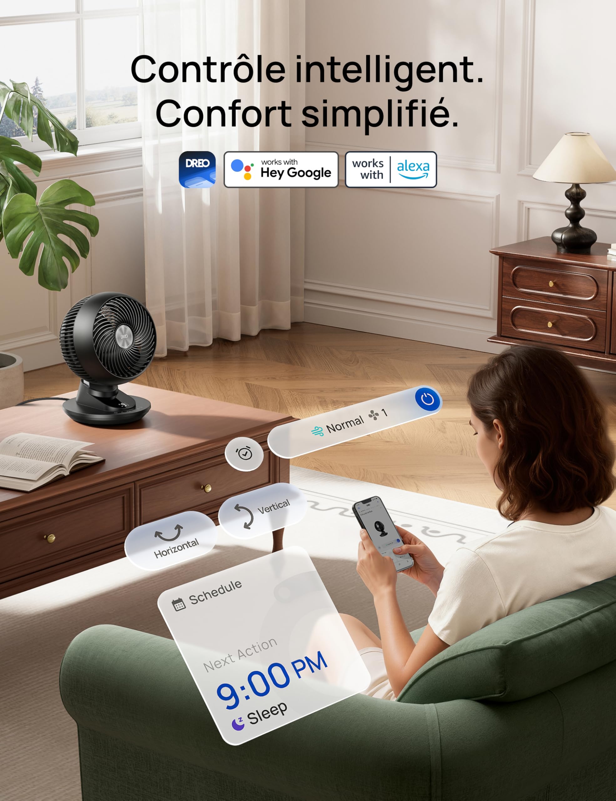 DREO ventilateur de table intelligent 3D pour chambre, flux d’air puissant 8,8 m/s, ultra silencieux 22 dB, oscillation 90°, contrôle app et vocal, 9 vitesses, minuterie 8/12 h pour maison et bureau.