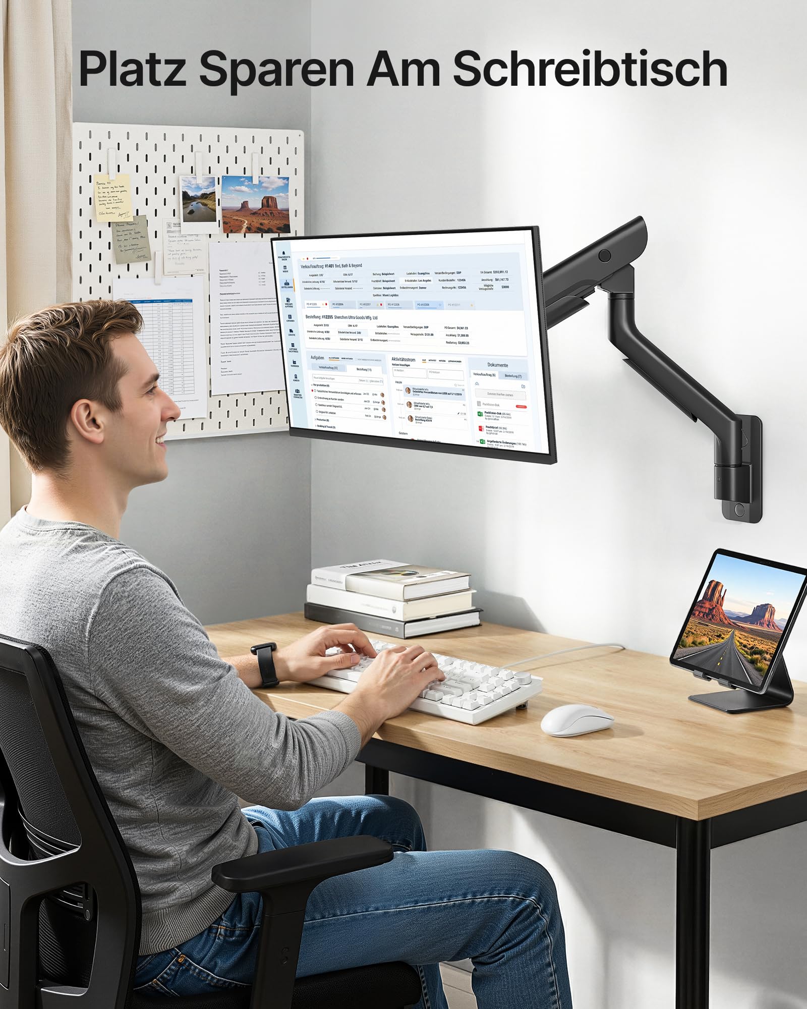 monTEK Supporto da parete singolo per monitor ultrawide da 17 a 57 pollici, fino a 27 kg, in alluminio ad alta resistenza con regolazione dell'altezza, funzione pneumatica, VESA 100 x 100/75 x 75