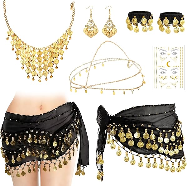 MLPKOI 8 Sets Cinturón de Danza del Vientre, Pañuelo Danza del Vientre Mujer, Pañuelo de Cadera para Espectáculo y Fiesta, con Monedas De Oro Pendientes Collar Pulseras y tocados, Carnaval Disfraces - 2