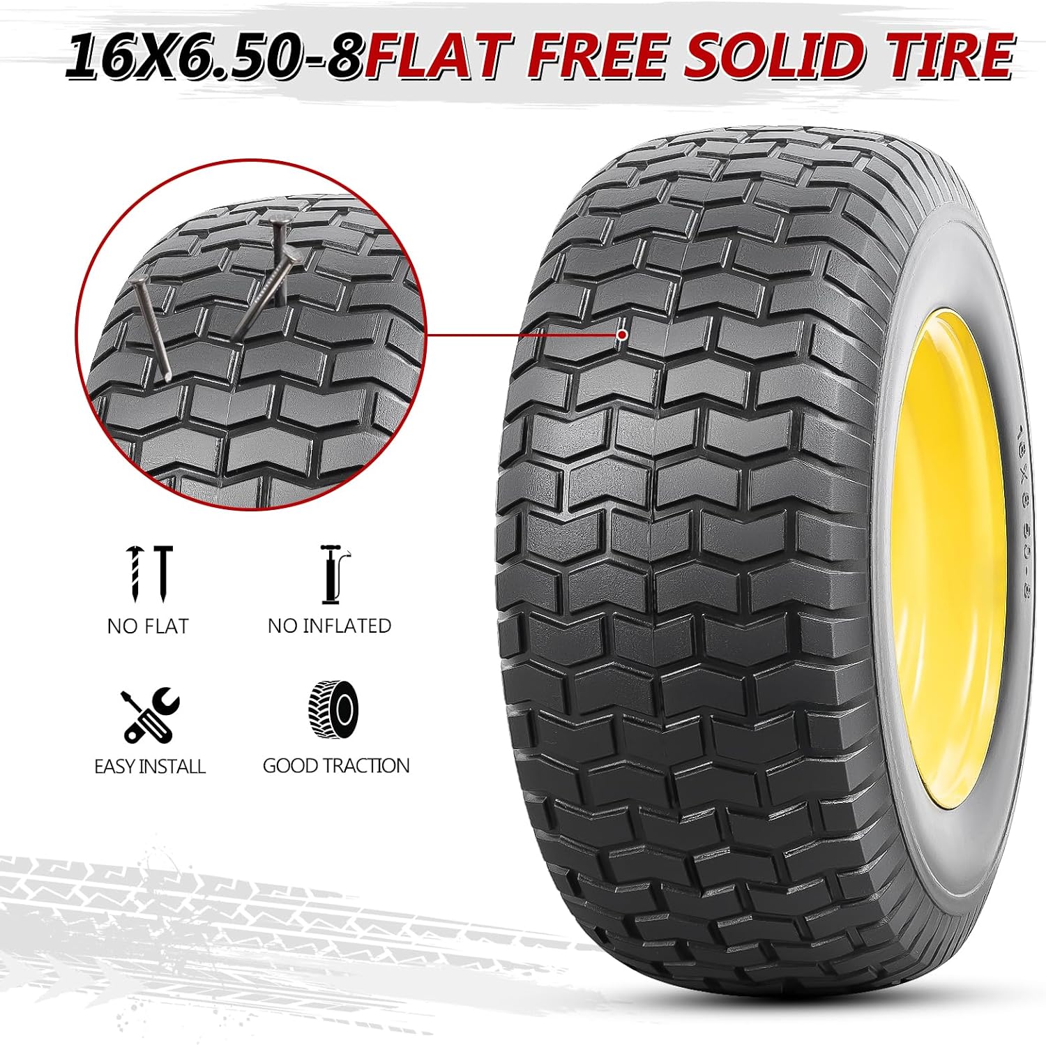 16” Solid Tires, Flat Free 16x6.50-8” Wheels with 3/4” Axle Bore Hole and Double Sealed Bearings Compatible with Hand Truck Wheelbarrow Tire Lawn Mower Tires (Yellow, 2PCS) P-105