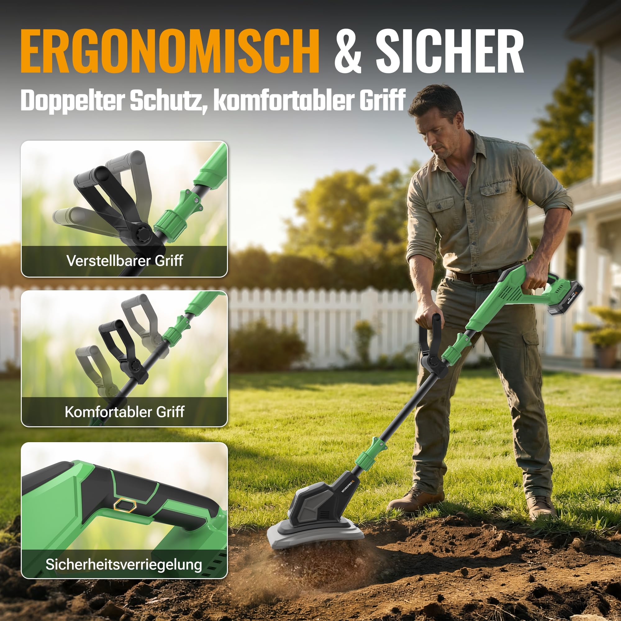 WORKPROX 20V Akku Gartenfräse, Motorhacke mit 4,0Ah Akku, Kabellos & Ölfrei, 20 cm Fräsbreite & 20 cm Arbeitstiefe, 3-Stufig Verstellbarer Griff, Abnehmbare Klinge, Bodenfräse für Garten & Beet