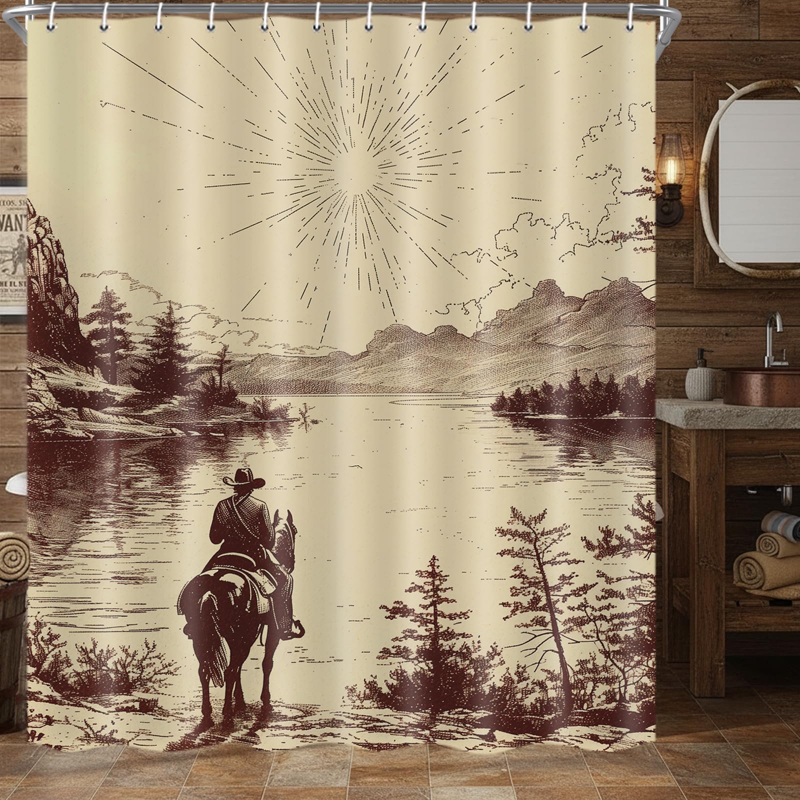 DYNH Western Cowboy Shower Curtain, Retro Country American Wild West Cowboy Riding Horse by The River Hand Drawn Fabric Shower Curtain Set for