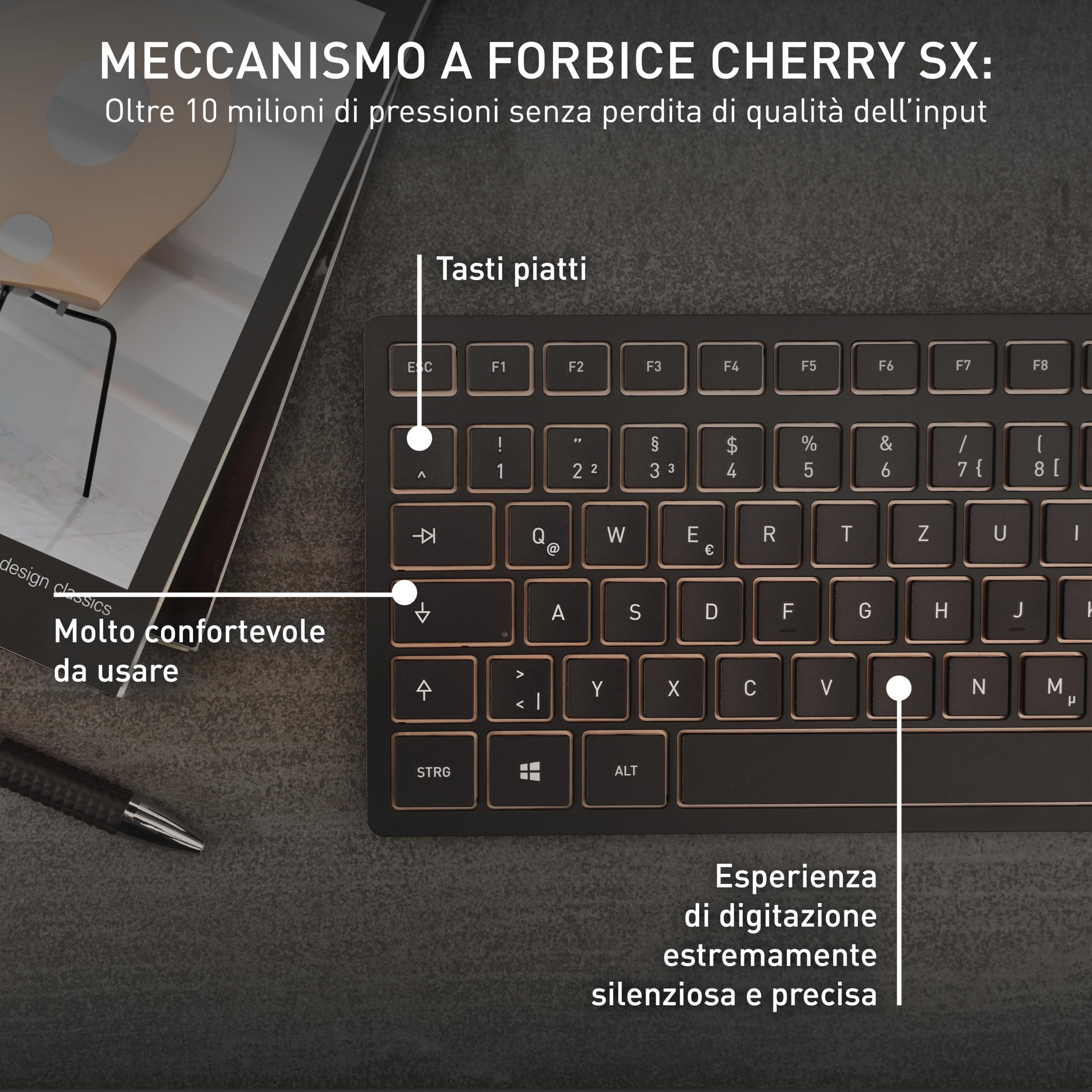 CHERRY DW 9100 SLIM, Set di Tastiera e Mouse Senza Fili, Layout per la Germania (QWERTZ), Connessione Bluetooth e Wireless 2,4 GHz, Tasti Silenziosi, Ricaricabile, Nero-Bronzo