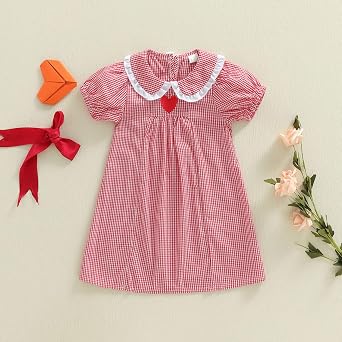Toddler Girl Valentines Dress Cute Short Sleeve Plaid Red Heart Embroidery Doll Collar Baby Valentines Outfit