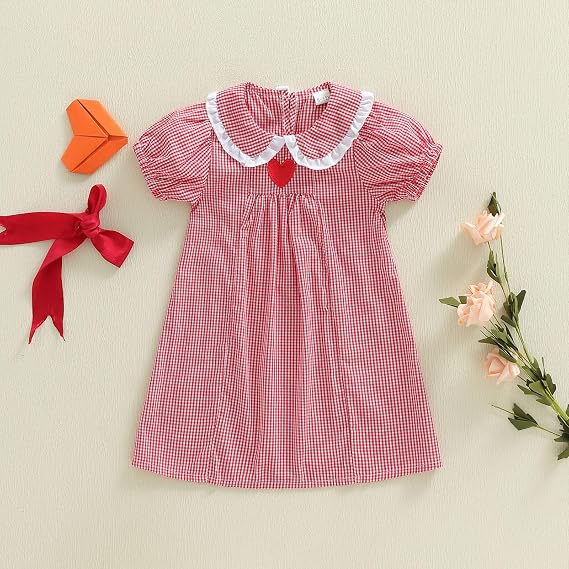 Toddler Girl Valentines Dress Cute Short Sleeve Plaid Red Heart Embroidery Doll Collar Baby Valentines Outfit