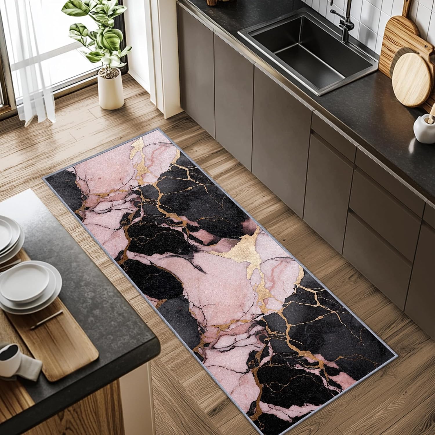Marble Runner Rug, 2x6ft, Pink Black and Gold Runners for Hallways, Abstract Modern Luxury Runner Rug Non Slip Soft Home Decor
