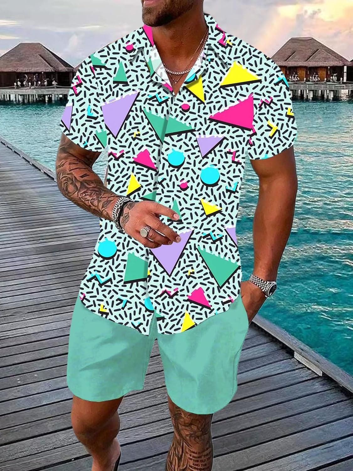 UOUA Men's Beach 2 Piece Outfits Hawaiian Flower Button Down Shirts and Shorts Sets - Image 2