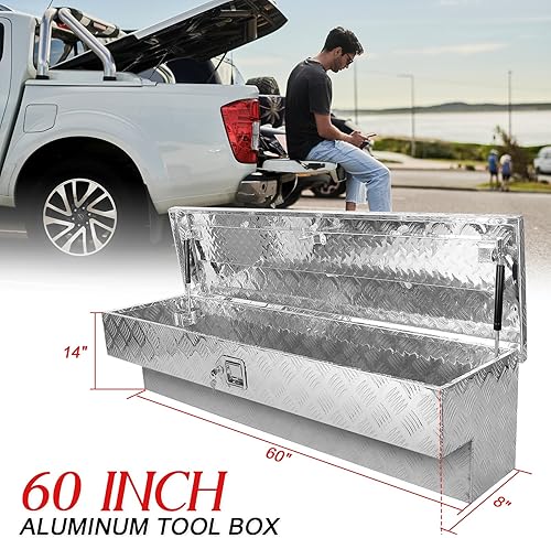 Miniatura 4 de BLACKHORSE-RACING Caja de herramientas de montaje lateral plateado de 60 pulgadas con pestillo de paleta perfecta para camionetas