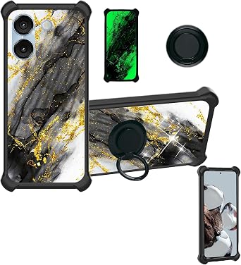 Aroepurt Case Compatible for Foxx Miro A67 Phone Case Cover [with Tempered Glass Screen Protector][Hard PC + Soft Silicone][Ring Support] [Gold Glitter+Luminous] JSH-HDL