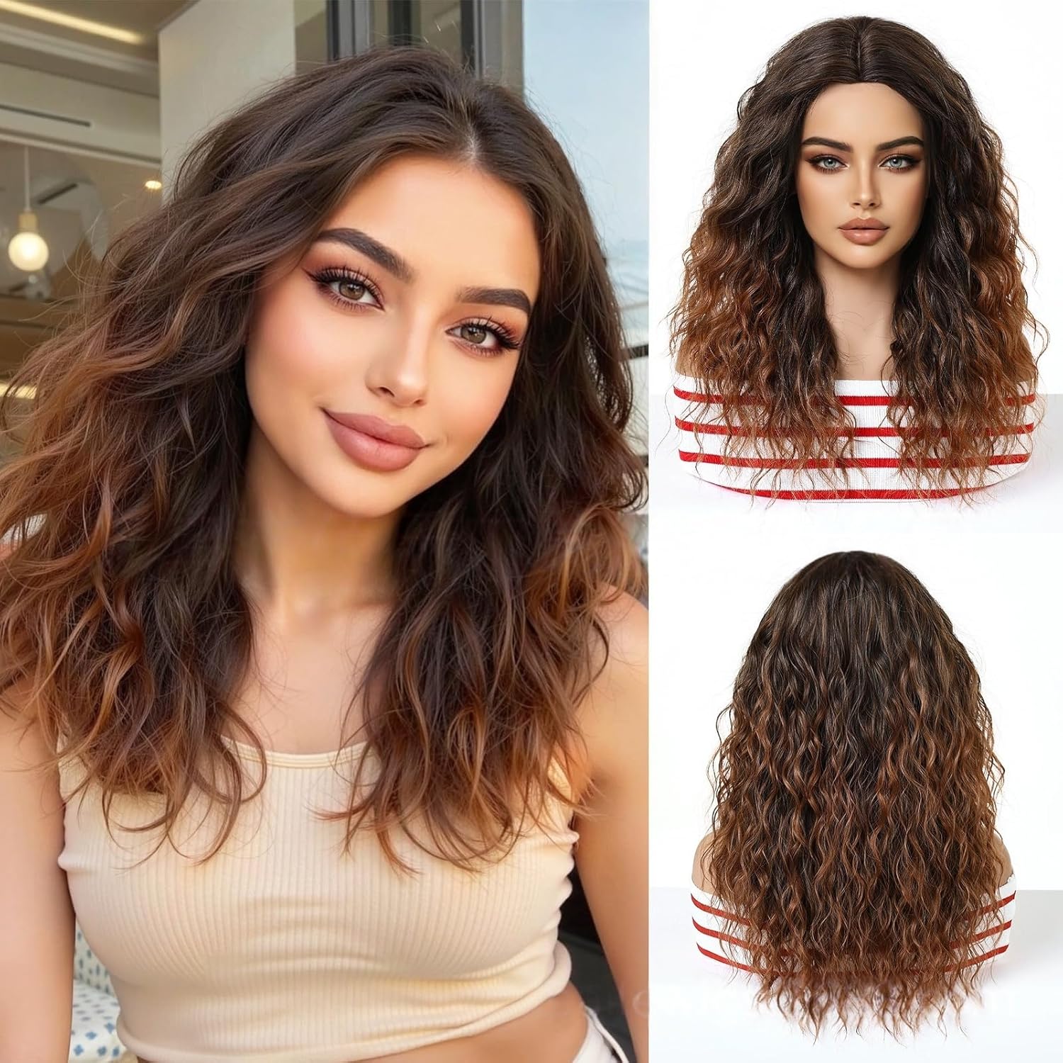 Medium Long Wavy Shoulder Length Human Hair Wigs Center Part Curls And Black Highlights Natural Look Glueless Cap For Women Daily Use (Black Highlights,20inch)