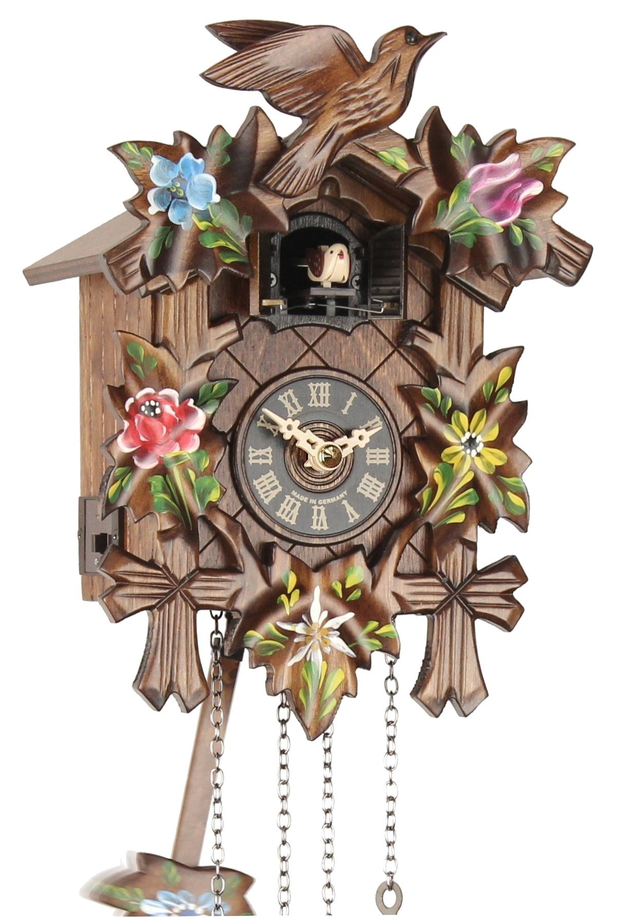 23137 - Reloj de cuco (madera, funciona con pilas, 5 hojas, pintado, 25 cm)