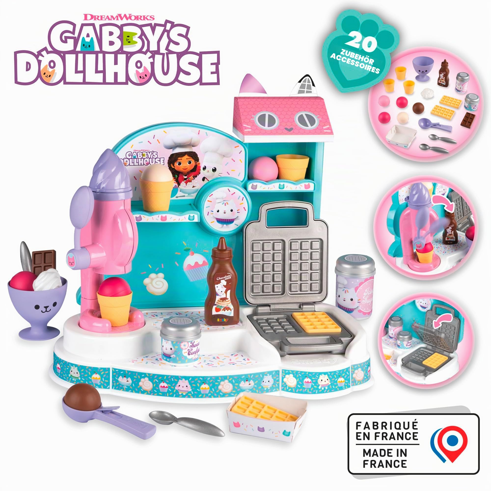 Smoby - Gabby's Dollhouse Eisdiele - Zauberhafter Spiel-Eisladen mit Eismaschine und Waffeleisen inkl. Spielzeug-Lebensmittel, für Kinder ab 3 Jahre, 45x27x35 cm