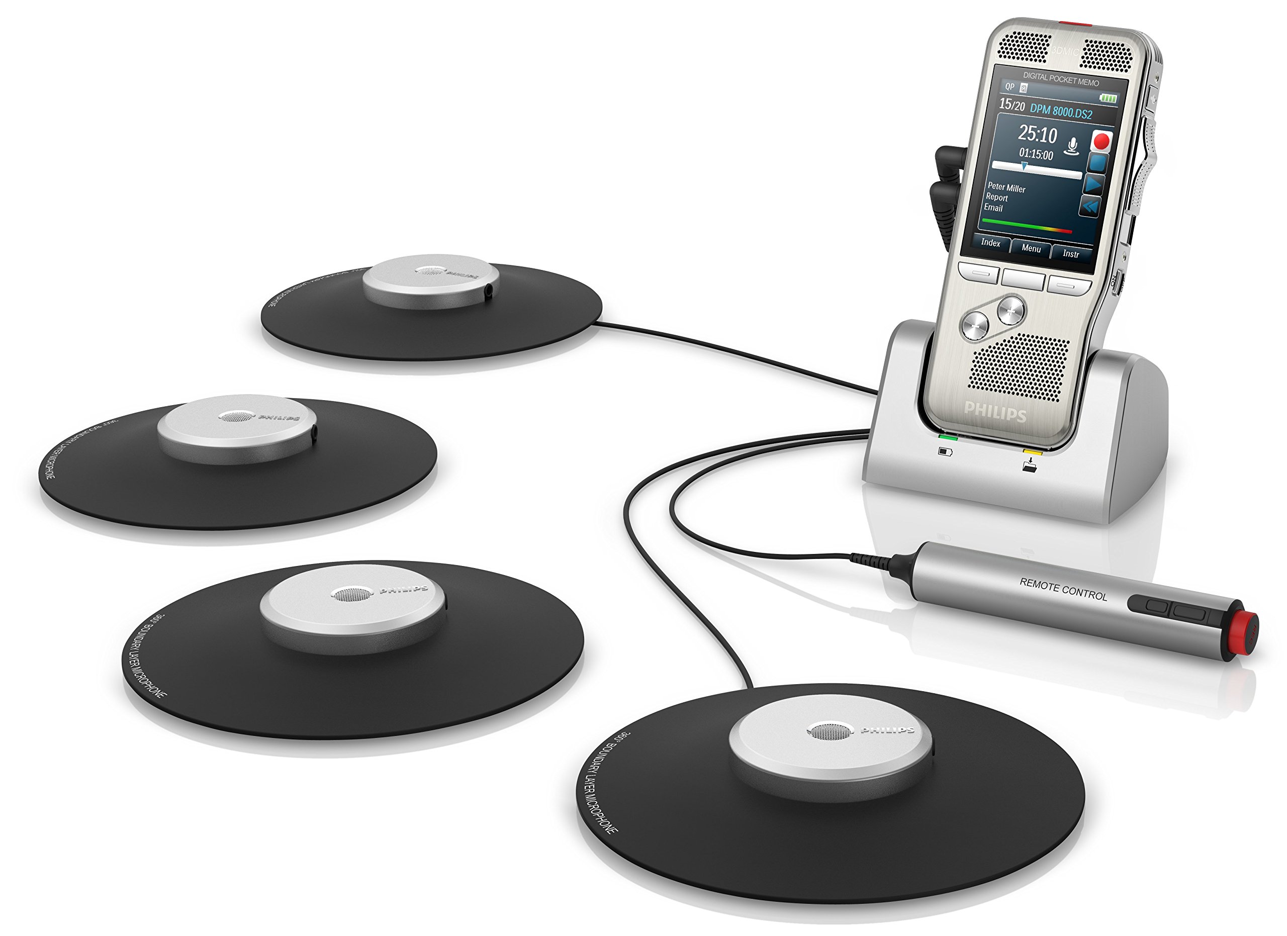 Philips DPM8900/02 Meeting-Recorder-Set, Digitales Diktiergerät inkl. 4 Grenzflächenmikrofonen für 360° Tonaufzeichnungen, SpeechExec Basic Diktiersoftware 2-Jahres-ABO