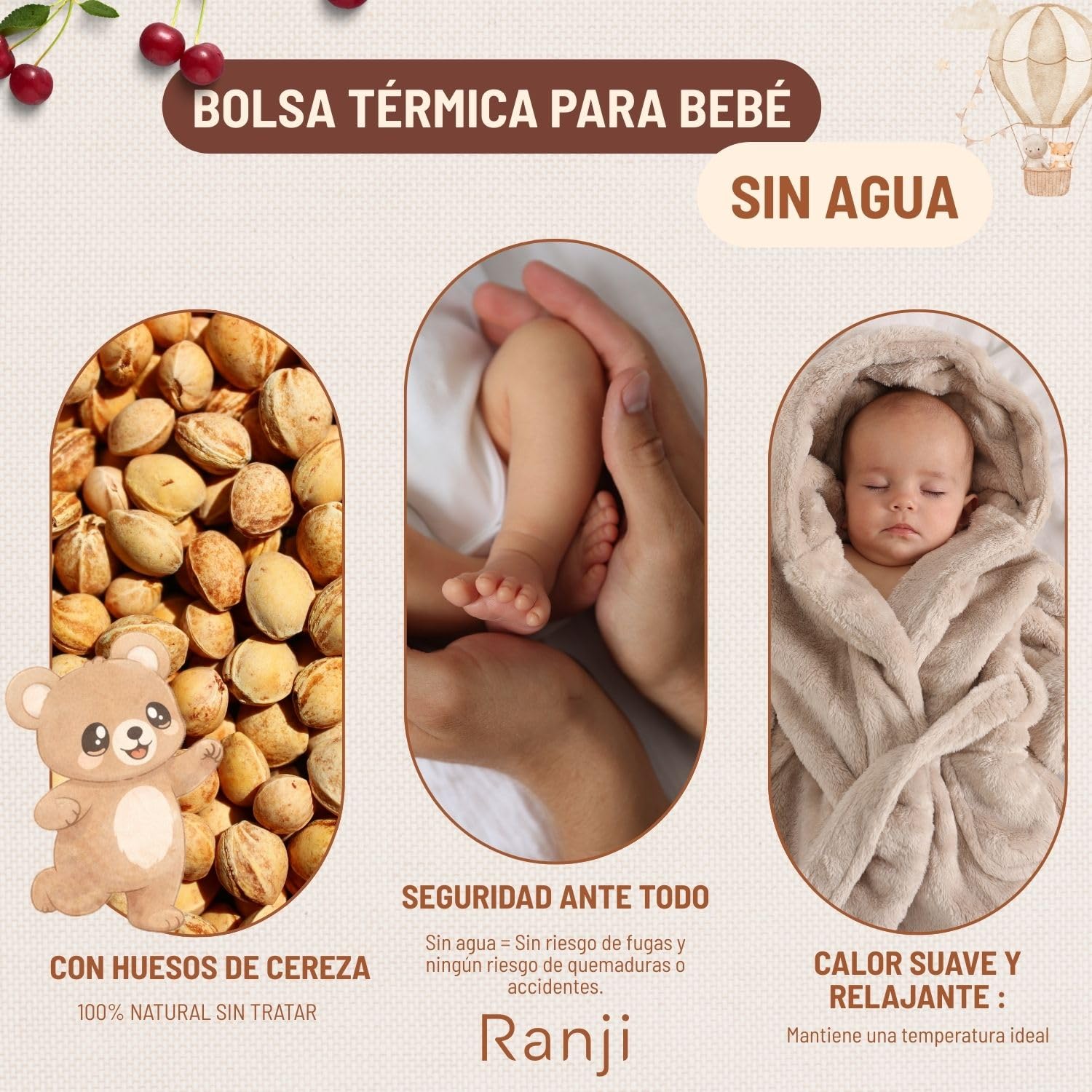 RANJI - Cuscino Coliche Neonato a Cintura con Noccioli di Ciliegia – Cuscino Termico Microonde per Coliche Neonato, Cotone Bio GOTS & Tessuti OEKO-TEX, Scalda Pancia Regolabile (Orsetto) - 5