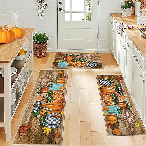 Miniatura 15 de U'Artlines - Juego de 3 alfombras de cocina de calabaza de otoño con corredor, alfombras y tapetes de granja de cosecha, alfombras de piso de cocina