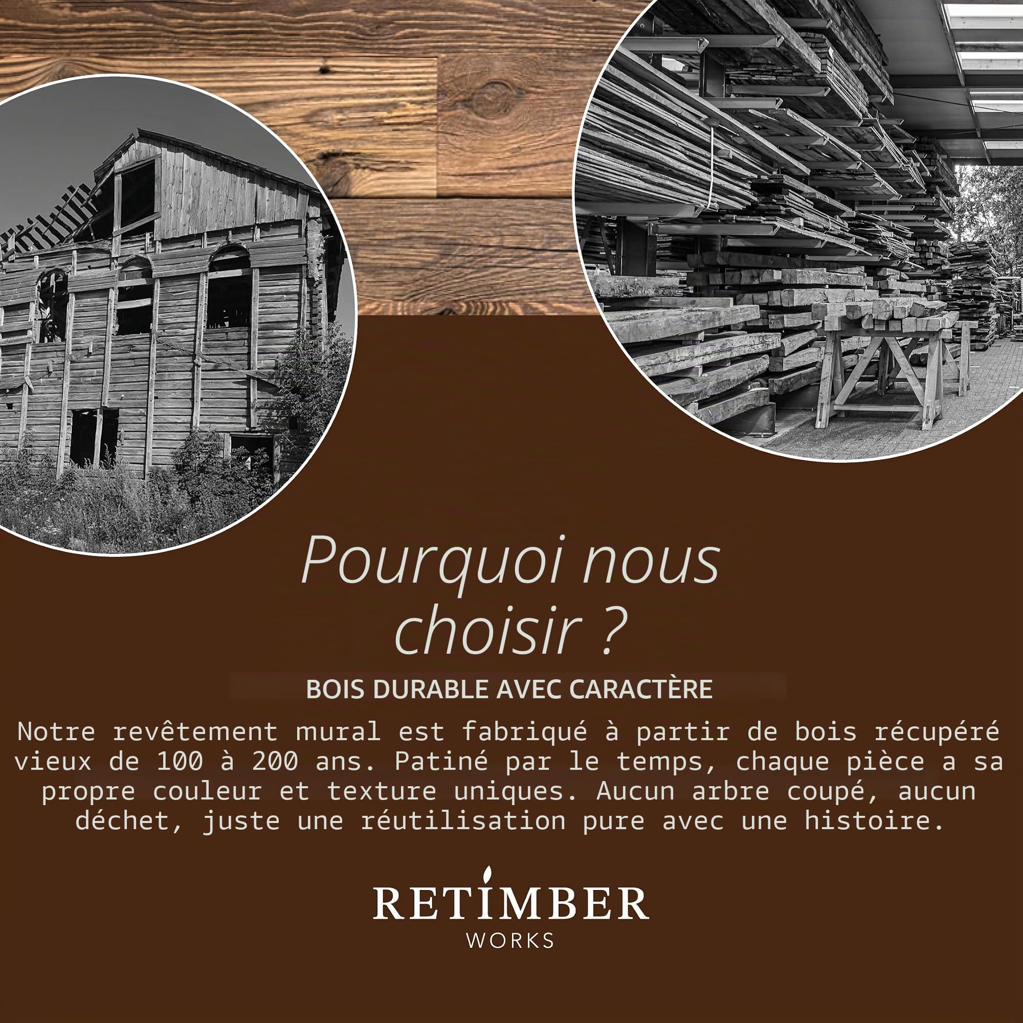 Revêtement mural en bois 3D, panneau décoratif en bois recyclé Alpen Braun, 0,8 m² par boîte, pour décoration murale rustique et moderne