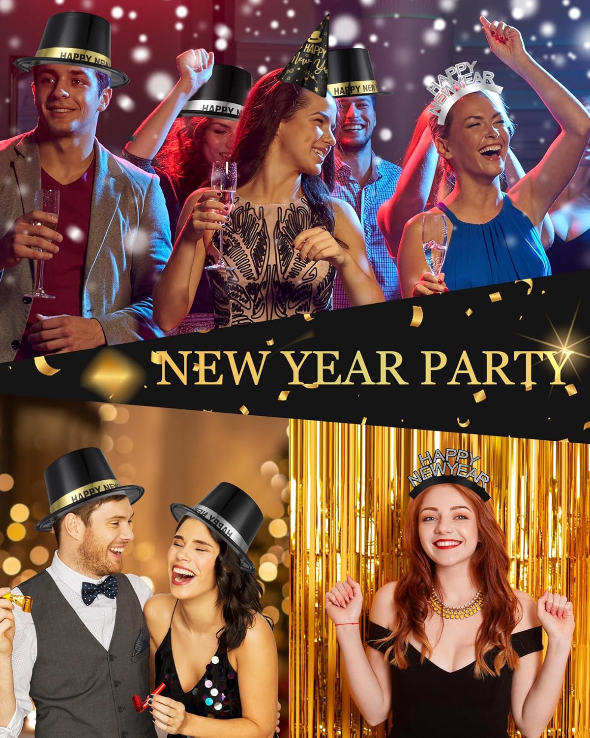 Wenqik 100 Pcs 2026 New Years Eve Party Supplies Includes 30 Top Hats 40 Cone Hats 30 Headbands Tiaras for 2026 Decorations