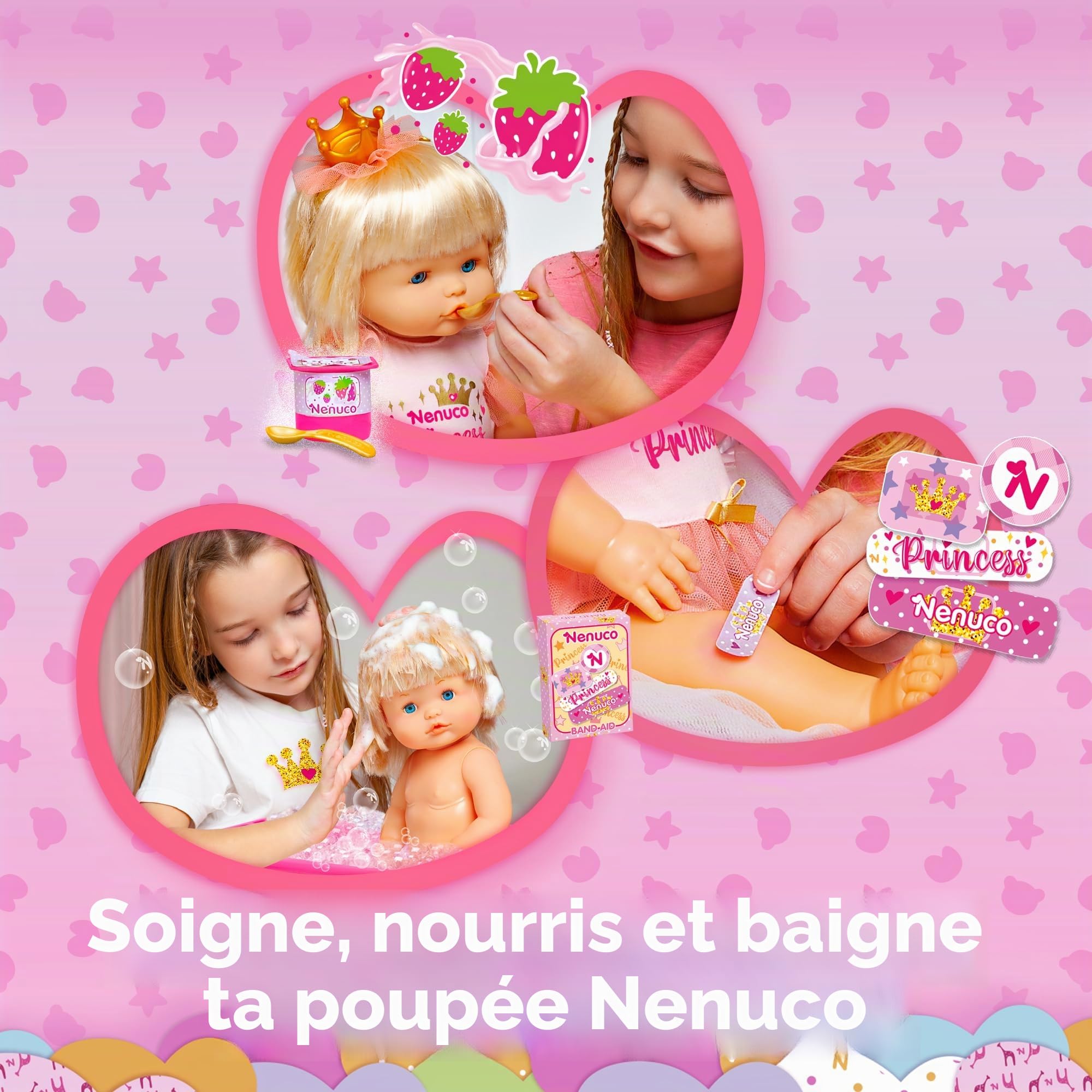 Nenuco - Princesse, poupée bébé aux Cheveux blonds, 42 cm, Portant des vêtements de Princesse et Une Couronne, 11 Fonctions et 10 Accessoires de Soin et Nourriture de Jeu, +2 Ans