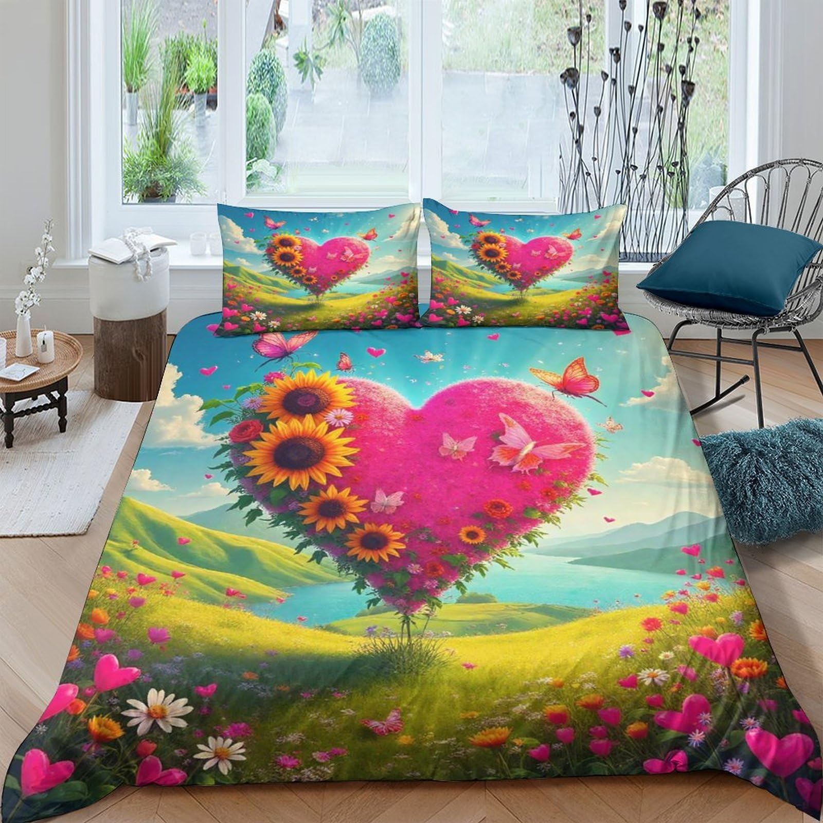 Housse de couette 3D fleurs d'amour 200x200 microfibre avec 2 taies