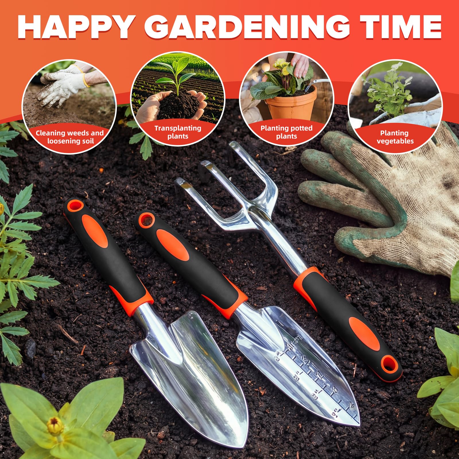 Bamworld Set di 3 Attrezzi da Giardino Resistente, Kit Giardinaggio in Lega di Alluminio con Impugnatura Ergonomica, Include Pala, Trapiantatore e Rastrello per Piantumazione e Prato, Arancione