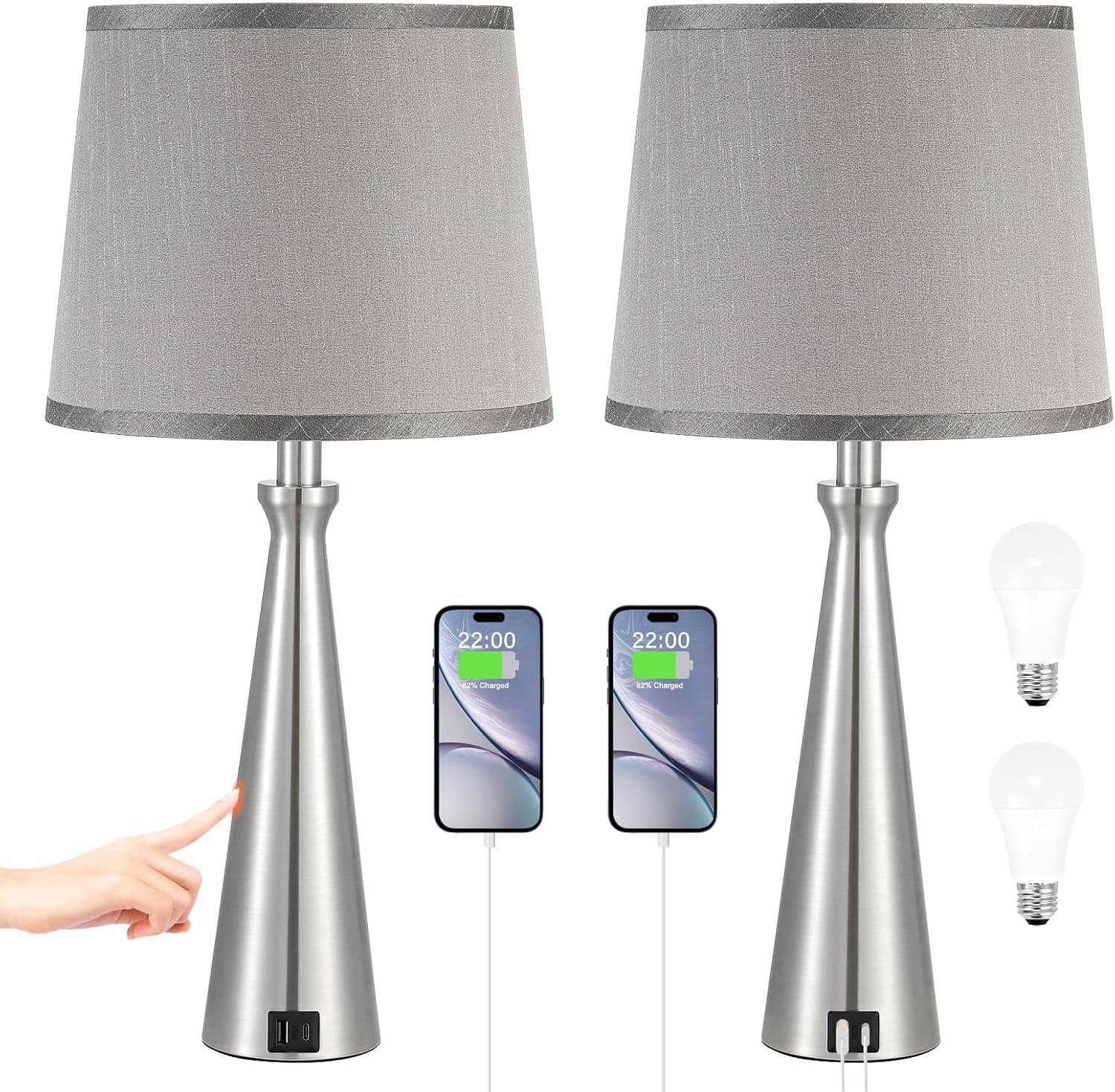 Nightstand Bedroom Lamp with USB C USB-A Charging Port Grey, Dimmable ...